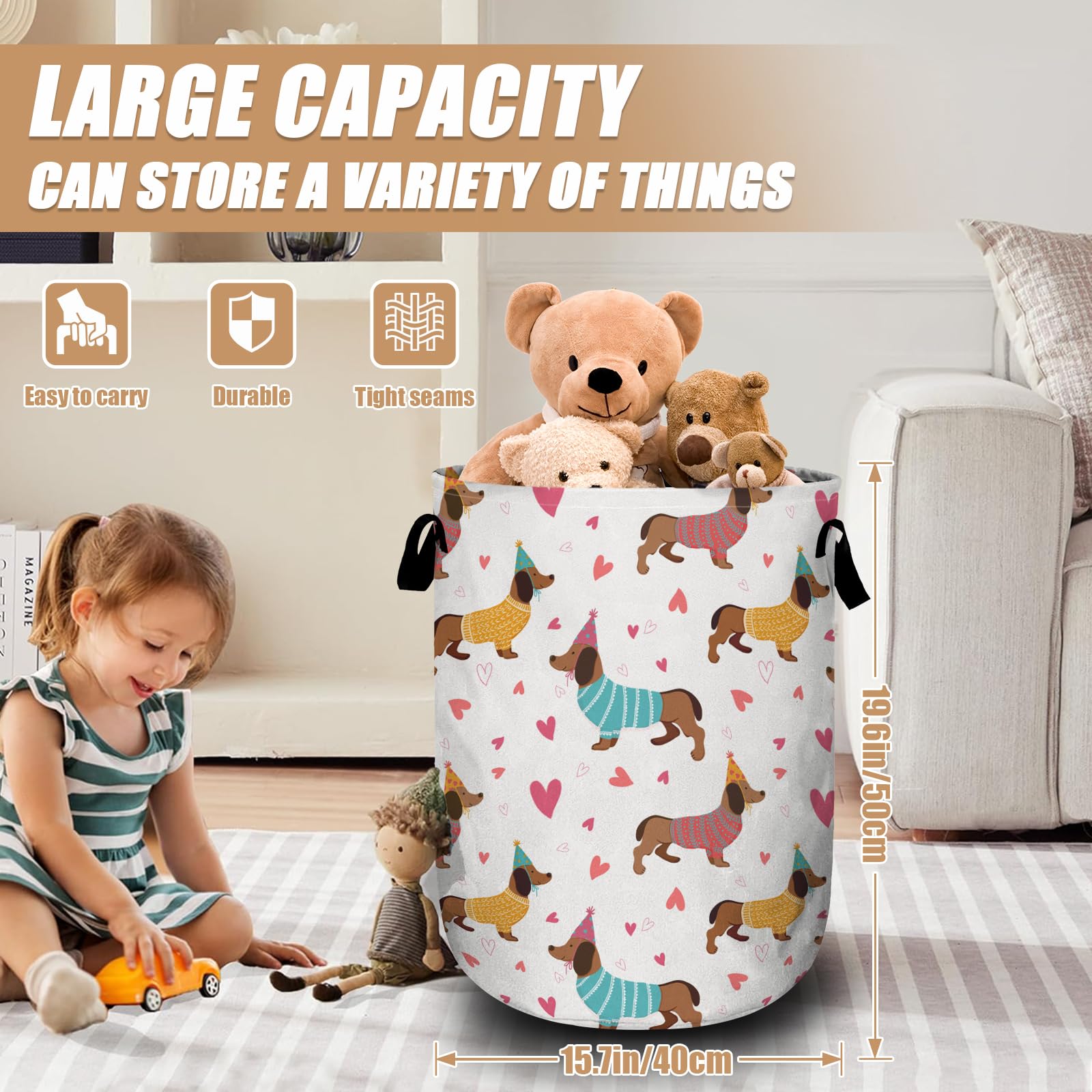 Cute Dachshund Laundry Basket, Dog Lover Heart Laundry Hamper Tote Bag Dirty Clothes Storage Bucket Toy Organizer for Bathroom/Laundry/Bedroom 15.7