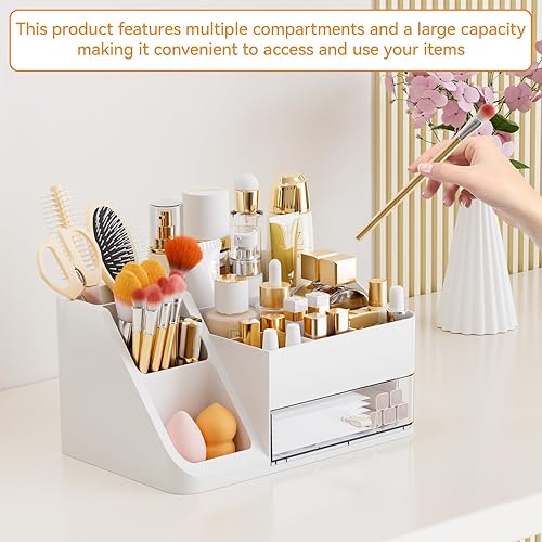 Miniatura 2 de Yieach Organizador de maquillaje blanco con soporte para cepillos, organizadores de maquillaje de encimera grande para tocador, tocador superior y