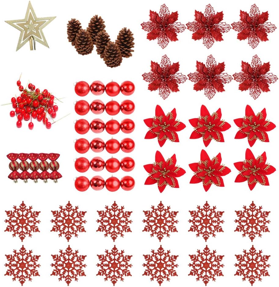 Ulalaza 110PCS Christmas Tree Decoration Kit Xmas Tree Ornaments Set Artificial Flowers Pine Cones Balls Berries for Holiday and Home Deco