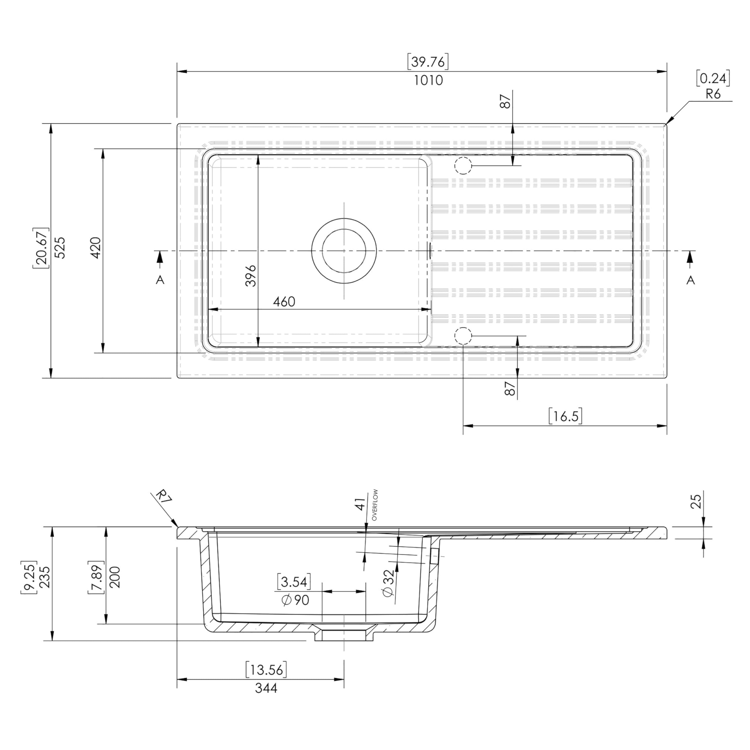 Balterley Fregadero de cocina de cerámica con escurridor y agujero de desbordamiento, cuenco de 101 cm, fregadero de cocina blanco de arcilla refractaria, fregadero de cerámica reversible de un solo