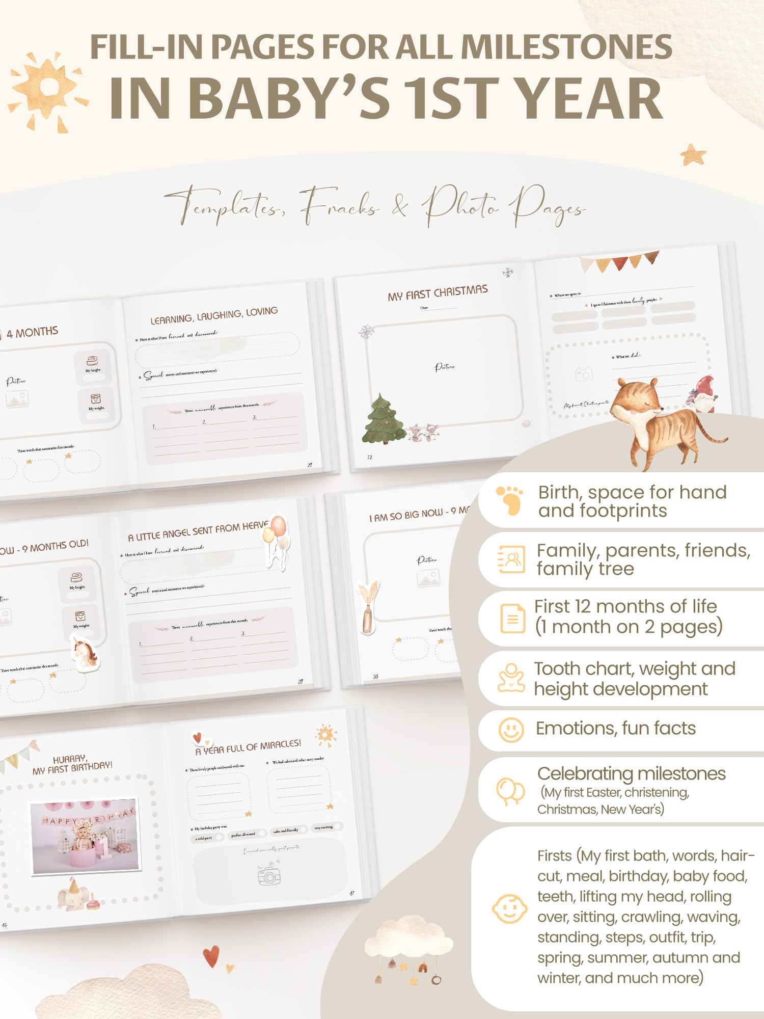 Baby Memory Book with Linen Cover - My First Year Keepsake Album, 84 Pages with Stickers, Baby Journal for Boys and Girls (Linen beige) - Image 3