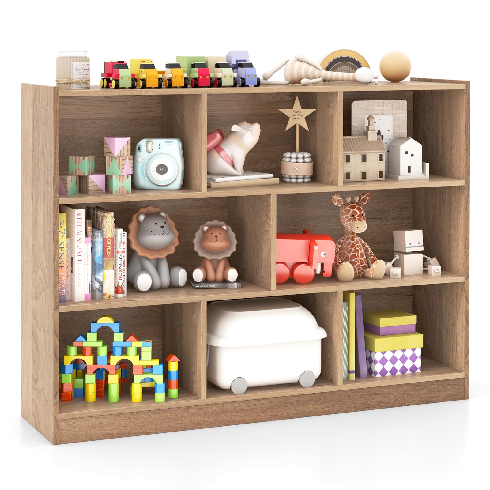 DREAMADE Bibliotheque Enfant 122x32x93CM à 3 Niveaux avec 8 Compartiments, Coffre à Jouets Enfant en Bois Charge 60KG,Étagère de Rangement Filles Garçons pour Jouets&Livres (Naturel)