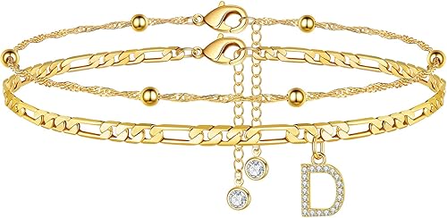 Ursteel - Tobilleras para mujer, chapadas en oro de 14 quilates, delicadas capas de cadena con inicial de circonia cúbica, joyería de verano,