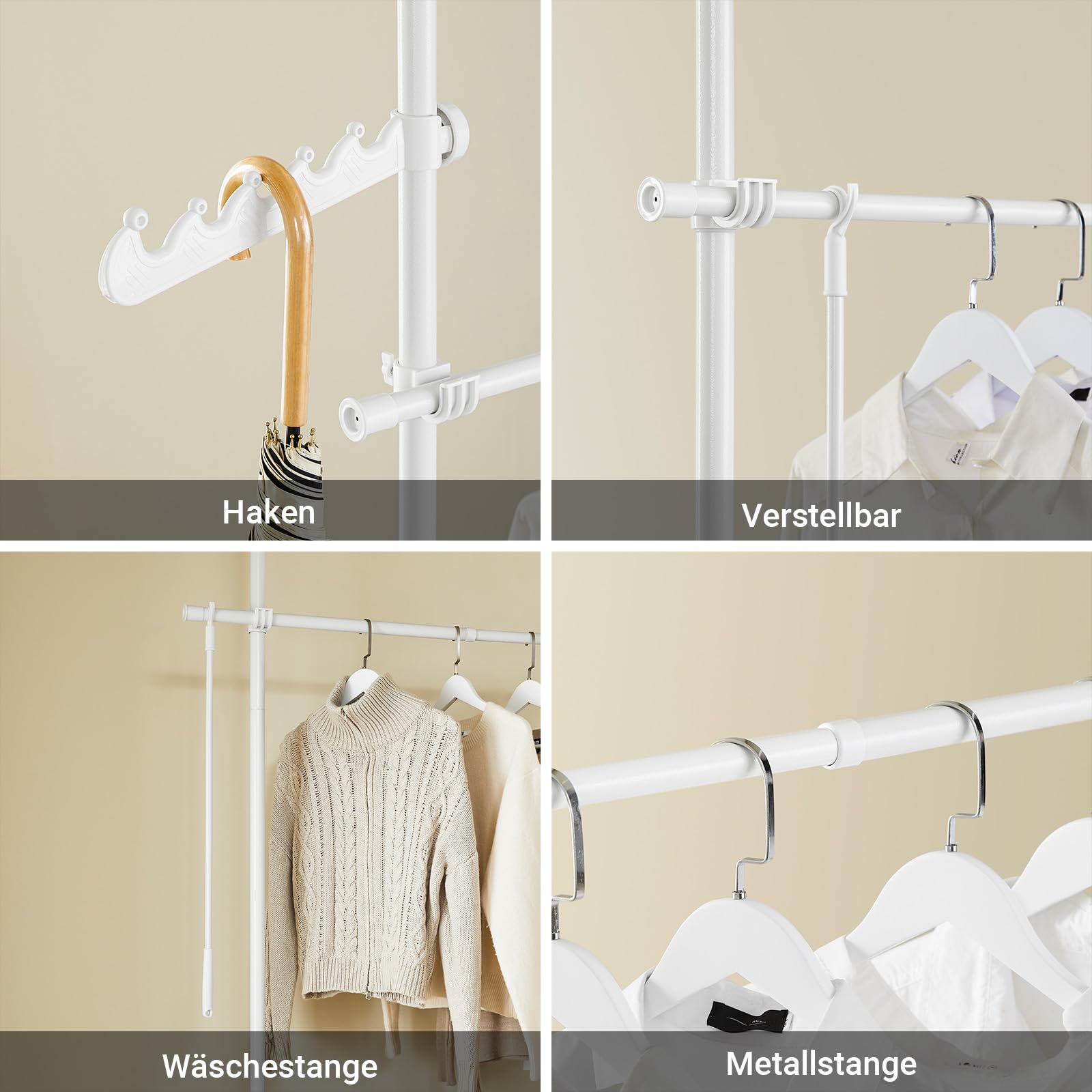 SoBuy Teleskop Kleiderständer, robuster Kleiderstange, verstellbarer offener Kleiderschrank für Schlafzimmer, Garderobenständer, Weiß FRG109-II-W