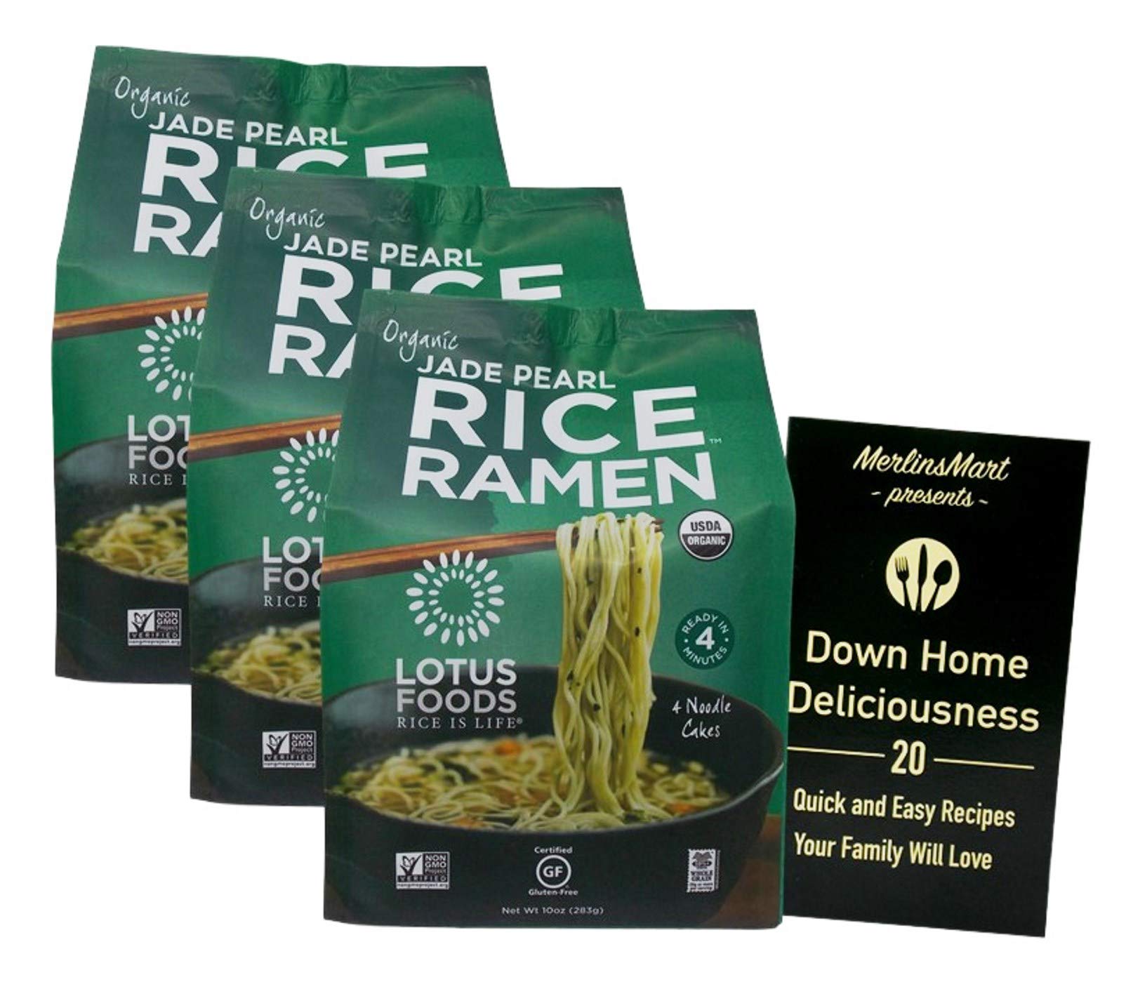 Lotus Foods Jade Pearl Gluten Free Organic Brown Rice Ramen - Pack of 3 (10 Ounces - 4 Count Size) - Plus Recipe Booklet Bundle