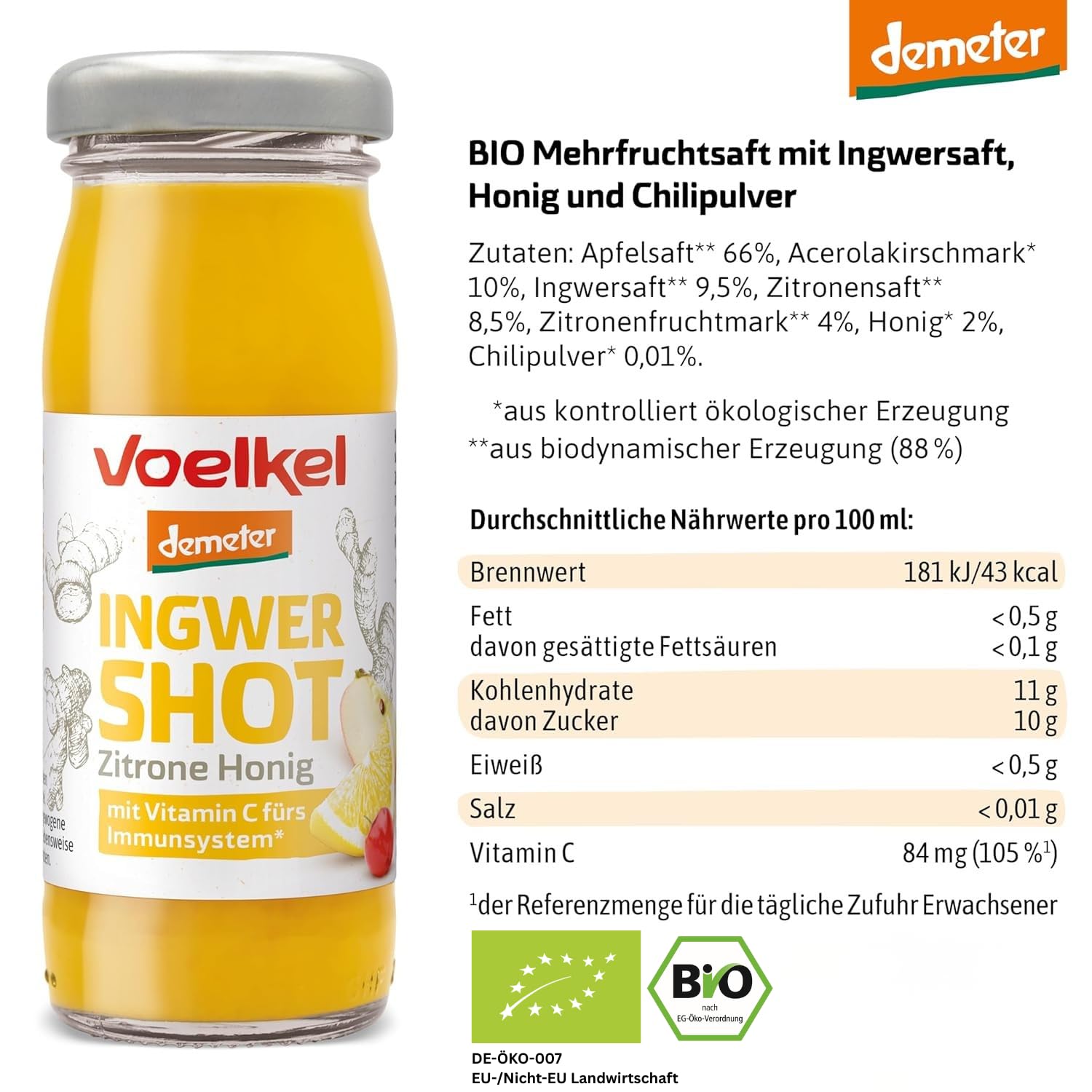 Voelkel - Bio Ingwer-Honig-Zitrone Shot mit Vitmain C - 16er-Pack - Demeter-Qualität aus Deutschland