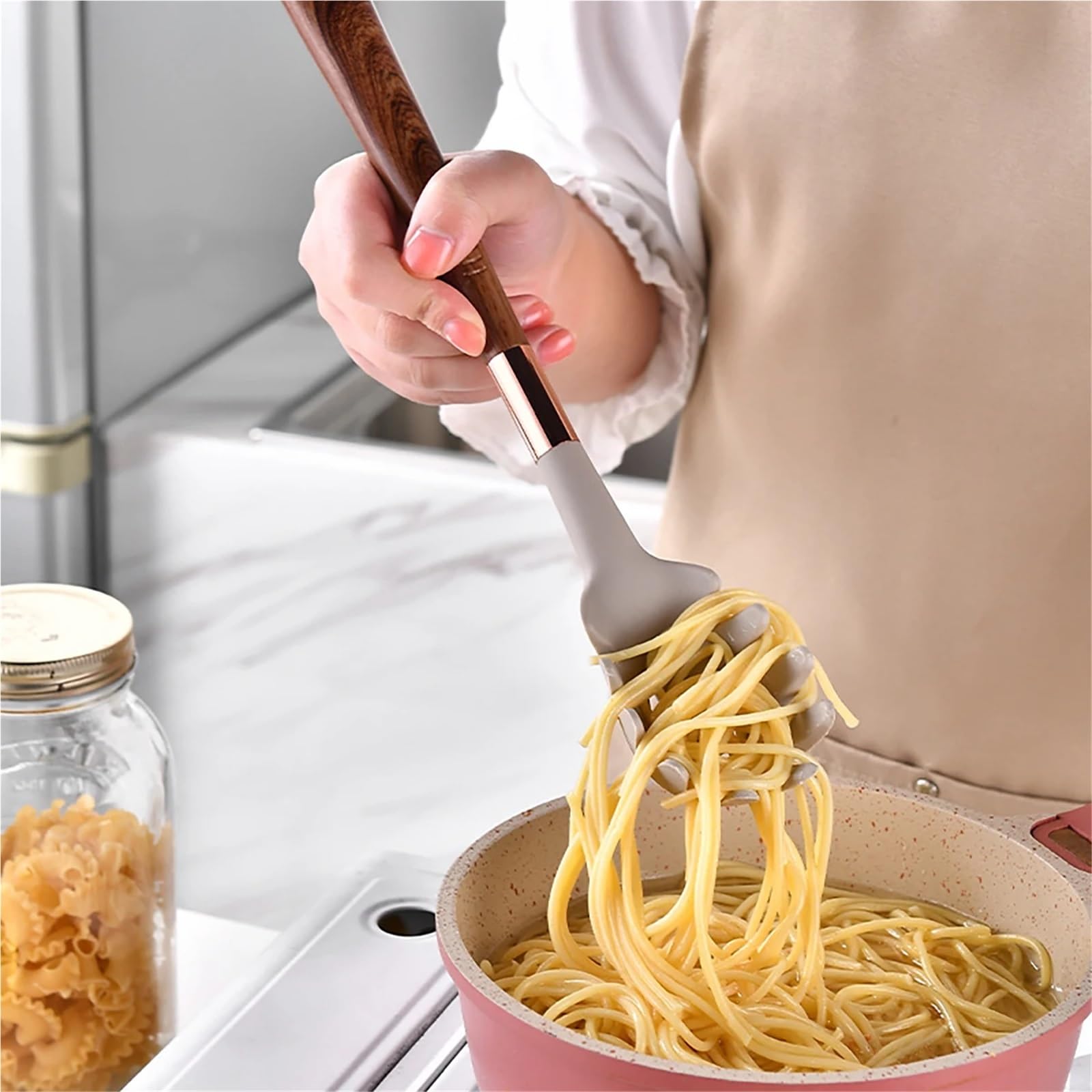 Silikon Küchenhelfer Set 8-teiliges Silikon-Küchengeschirr-Set, Topf, Schaufel, Suppenlöffel, Spaghetti-Klaue, Kochen mit Aufbewahrungsregal(Black A)