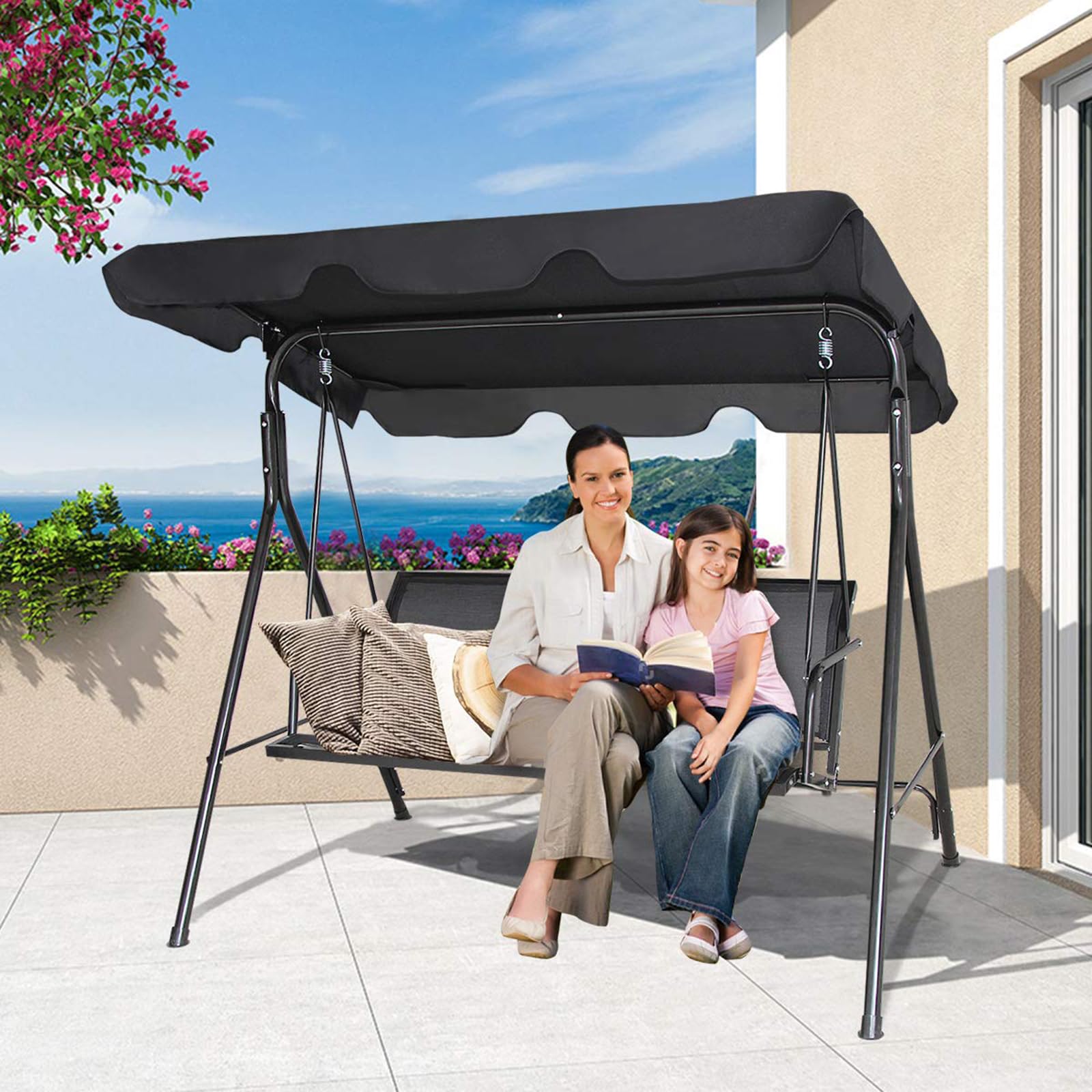 COSTWAY Columpio Jardin Exterior de 3 Plazas, Balancín con Toldo Adultos de Metal y Poliéster, Columpios de Porche con Parasol Ajustable para Exterior, 170 x 110 x 155 cm, Carga 210 kg, (Negro)