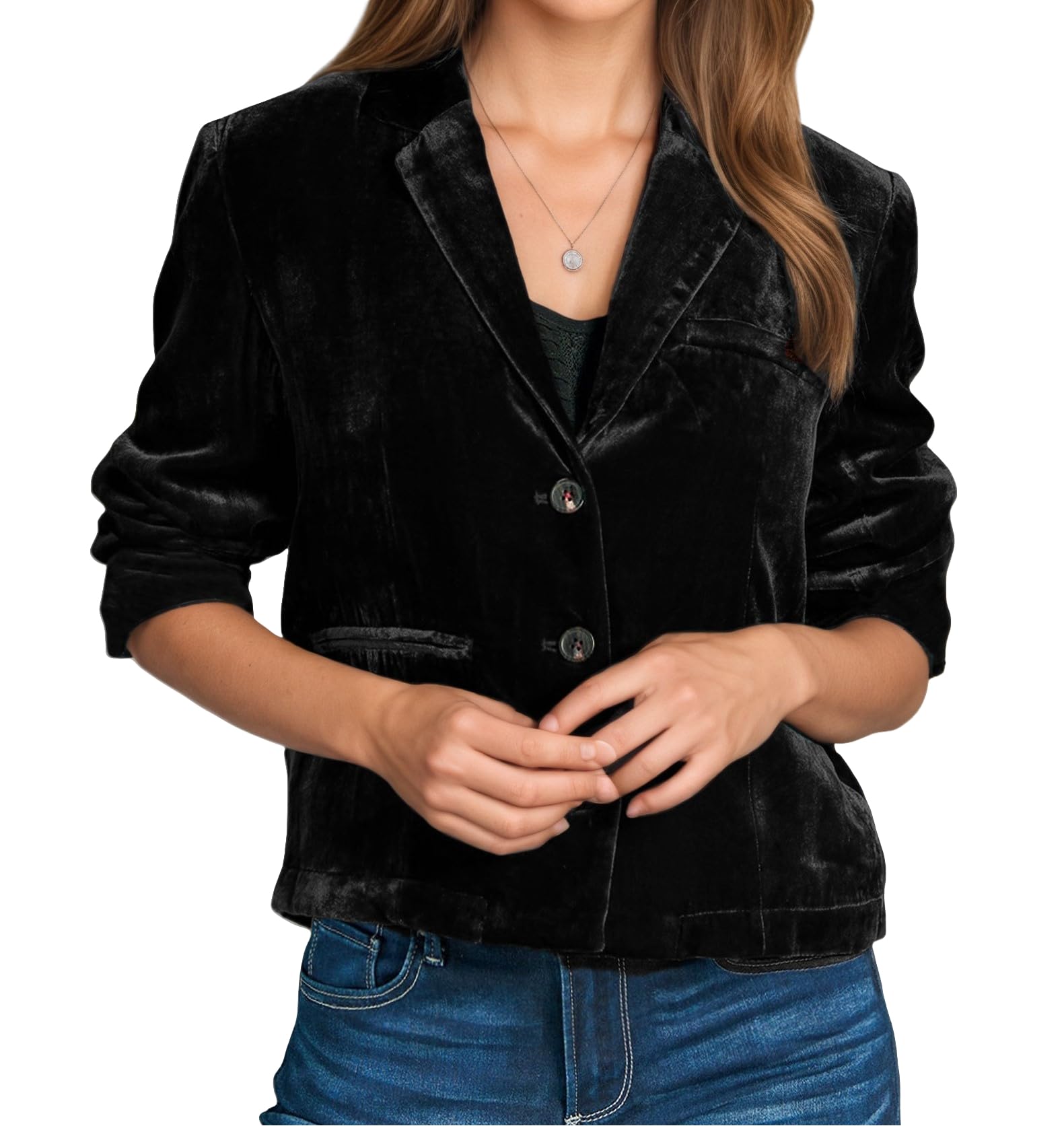 Womens Velvet Cropped Blazer Jacket for Women Long Sleeve Casual Lapel V Neck Button Up Work Office Suit