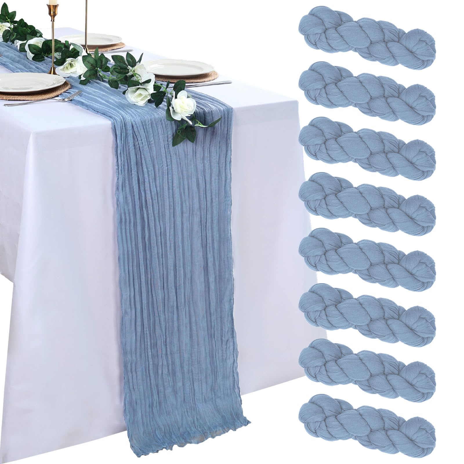 Photo 1 of pepmily 8 Pack Dusty Blue Cheesecloth Table Runner 10ft Boho Gauze 120 Inch Cheese Cloth Table Runner Rustic Sheer for Summer Holiday Baby Shower Party Décor Home Wedding Decoration