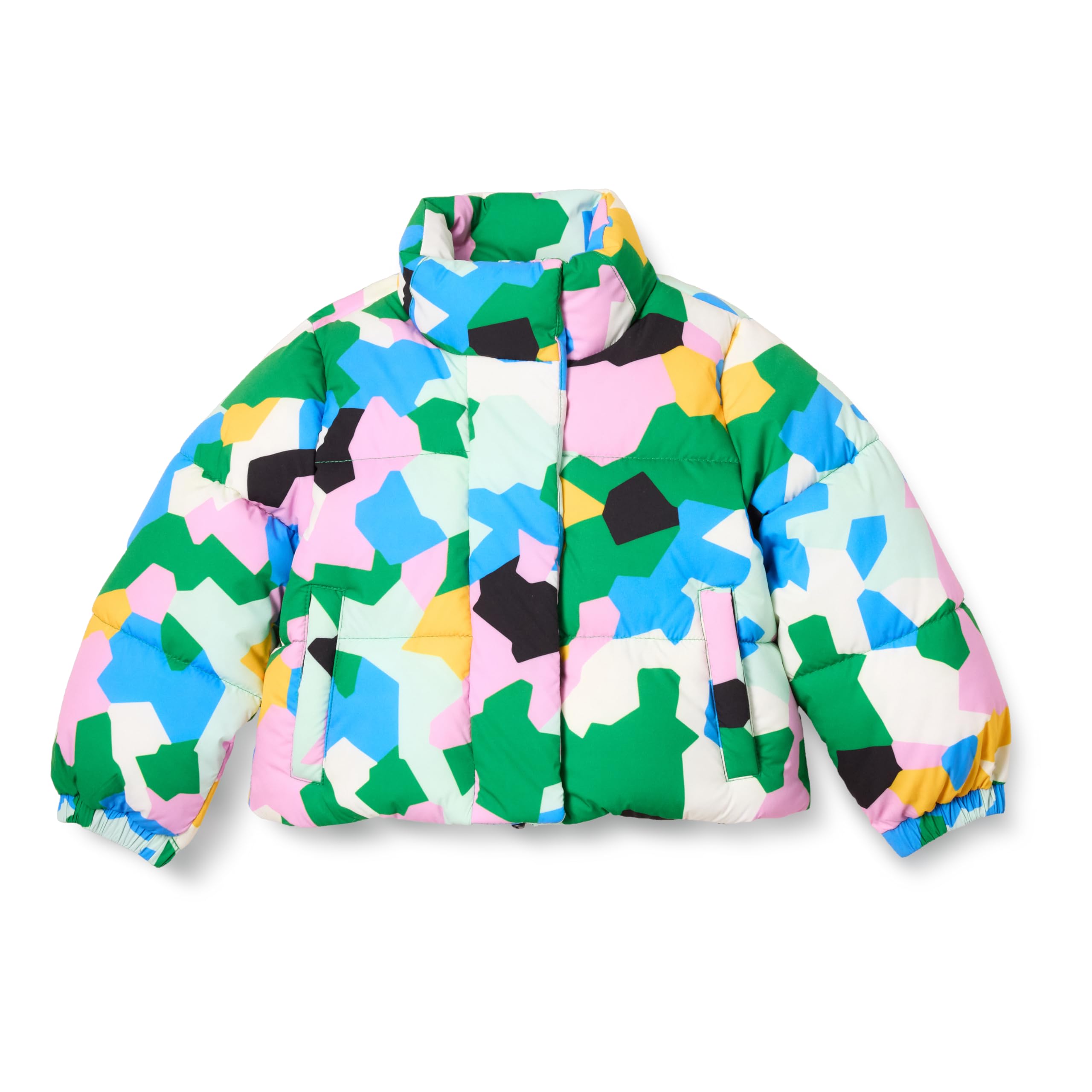 Amazon Essentials Girls' Cropped Full-Zip Puffer Jacket (Quilted Matte or Sherpa Fleece), Geo Camo, 9 Years