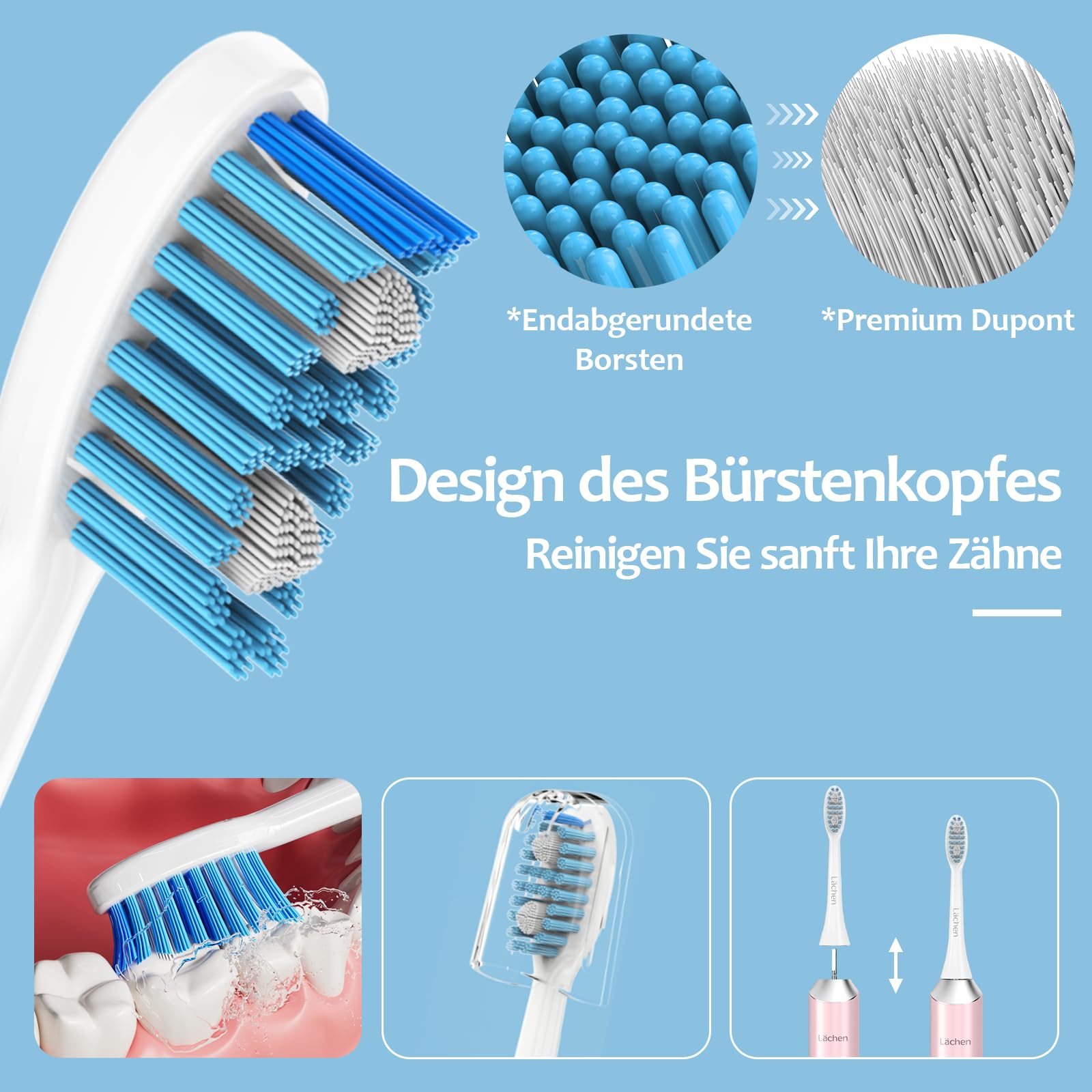 Lächen Spazzolino da denti elettrico, 5 modalità, spazzolino elettrico sonico con custodia da viaggio, 4 testine di ricambio, timer da 2 minuti, ricarica USB per 60 giorni, IPX7, impermeabile, colore