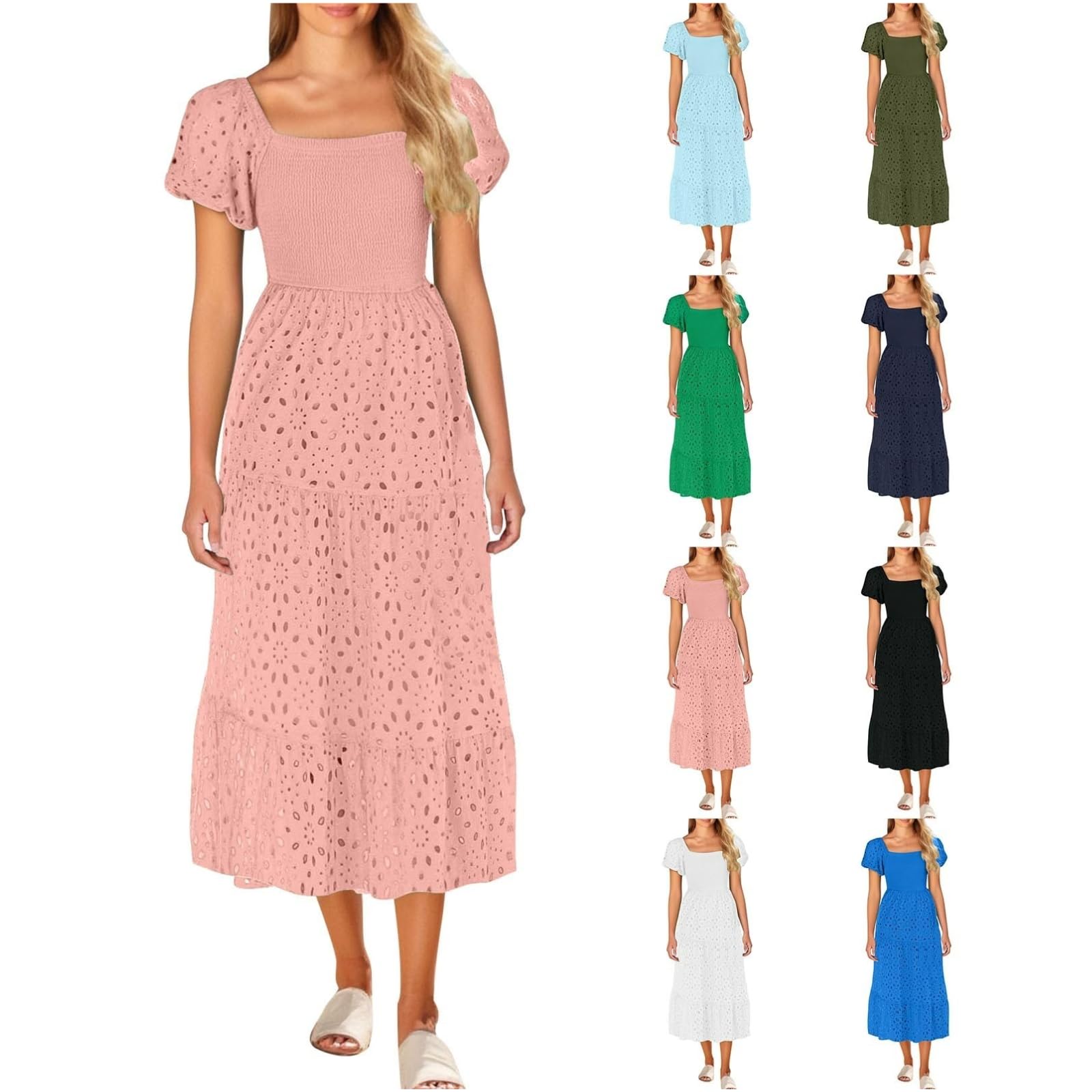 AKTCVVJ Eyelet Dresses for Women 2025 Puff Sleeve Maxi Dresses Square Neck High Waist Dress Summer Trendy Sundresses