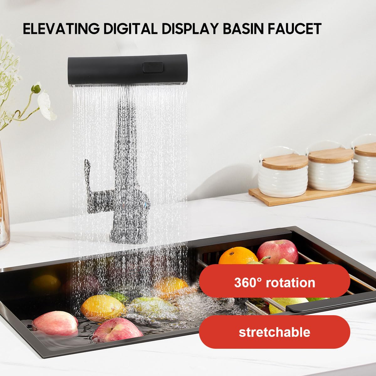 Küchenarmatur Schwarz Wasserhahn Spüle, Wasserfall Armatur Küche Faucet Heizung Wasserfall Ausziehbarer mit 60cm Schläuchen, LED Temperaturanzeige, Anhebbare Arm