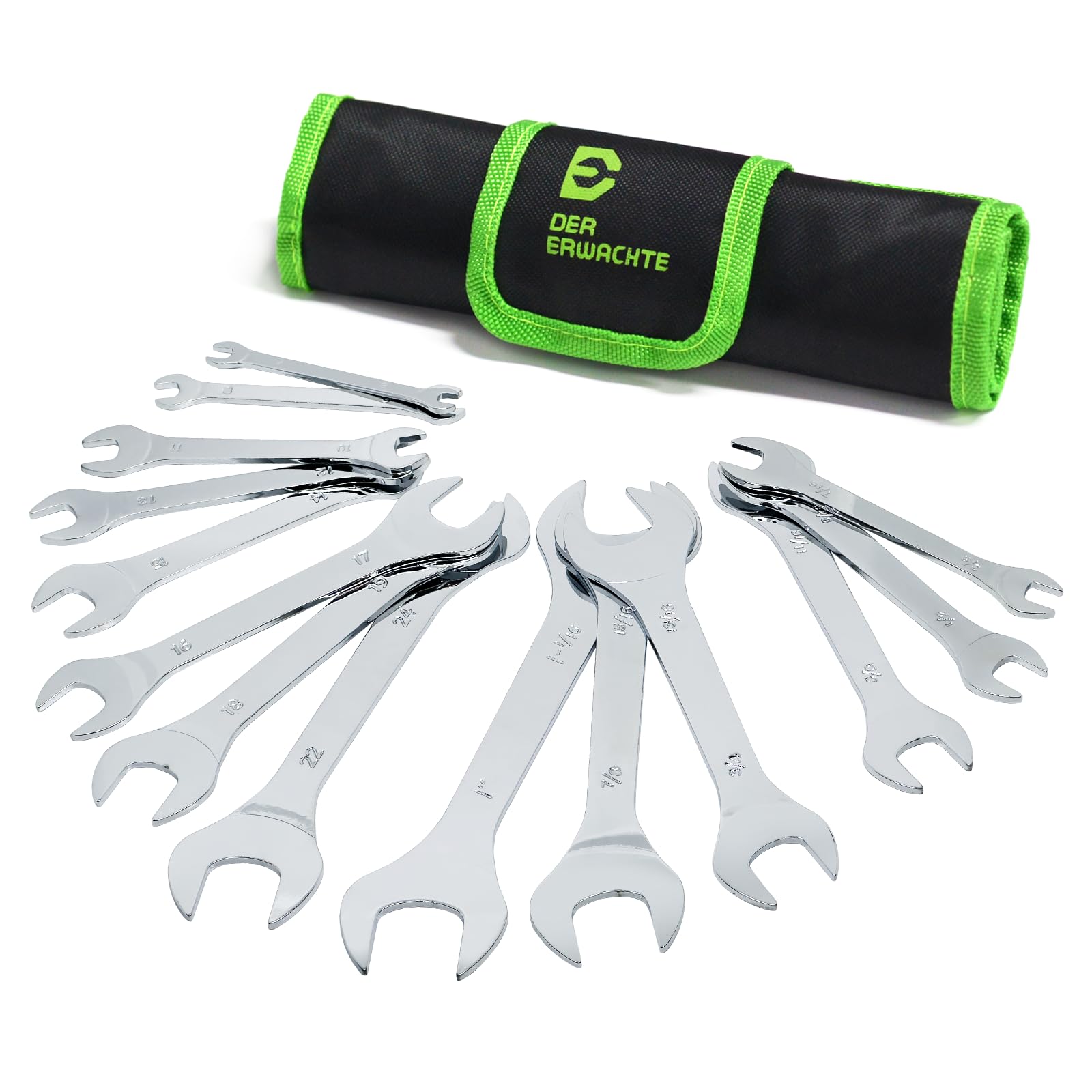 Der Erwachte Super-Thin Open End Wrench Set, 14-Piece SAE & Metric Sizes, 6mm to 24mm, 3/8" to 1-1/16", Ultra-Slim Wrench Set with Mechanic Rolling Pouch
