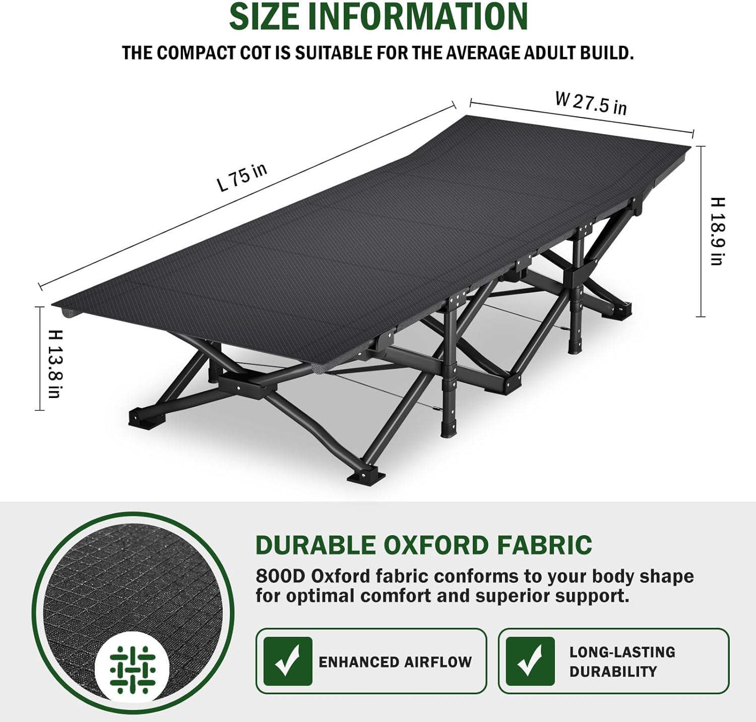 Mopaicot Camping Cot for Adults, Adjustable Headrest Folding Bed, Comfortable Cushion, Portable Sleeping Bed for Camp, Supports 450 lbs with Carry Bag