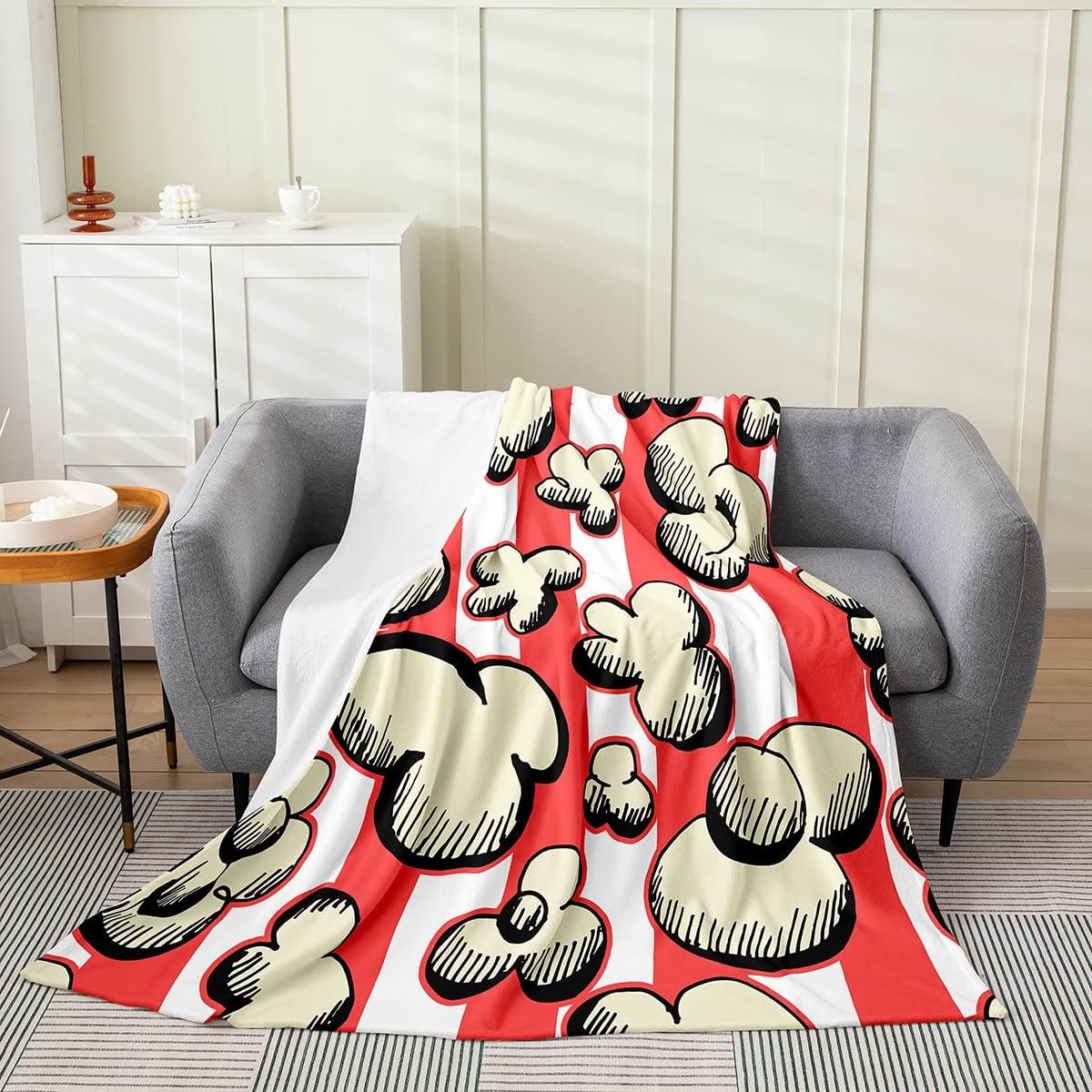 Feelyou Popcorn Print Plush Throw Blanket, for Girls Boys Movie Theater Flannel Fleece Blanket Red White Stripe All Season,Bed Blanket Room Decor Vintage Cinema Movie Theater 40"x50" Multi 0
