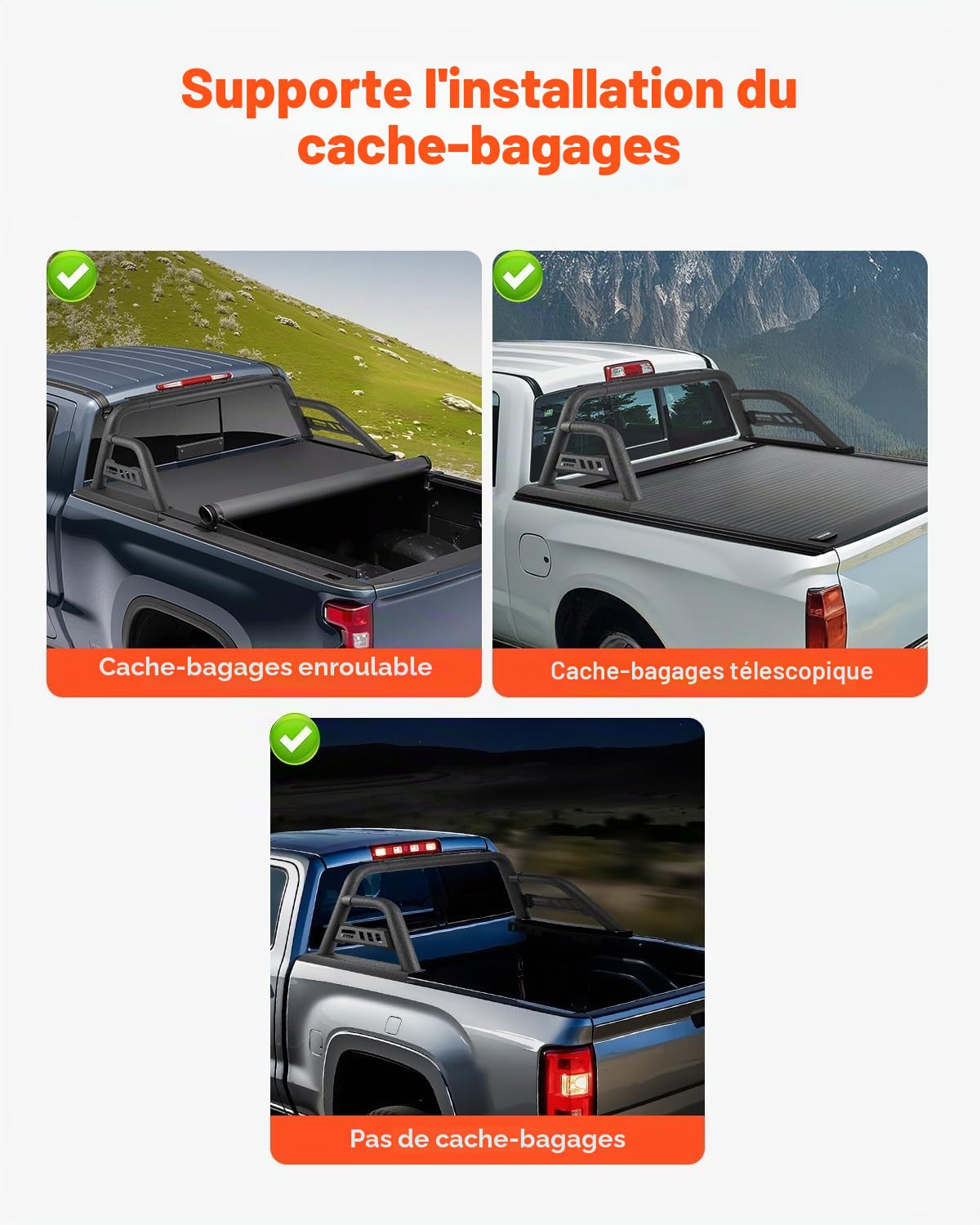 VEVOR Arceau de Sécurité Arrière pour Pick-up, Barre de Benne Réglable Universel, Compatible avec Pickup Pleine Grandeur, en Acier au Carbone, avec Support d'Extension pour Éclairage, Rack Non Inclus