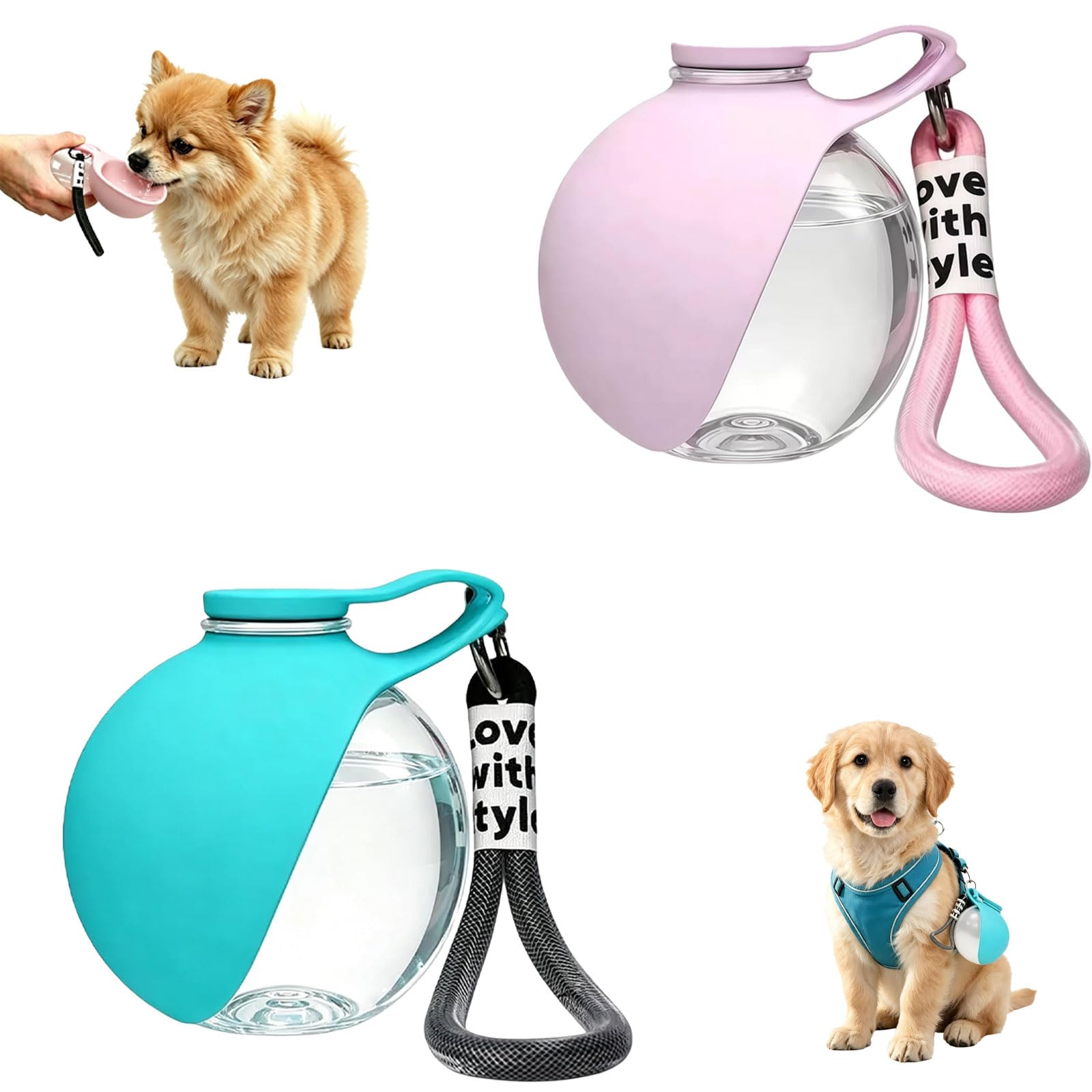 2 Unidades Botella De Agua PortáTil para Perros | Incluye un Cuenco Plegable De Silicona, Ideal Para Paseos, Viajes Y Acampadas (Azul Y Rosa)