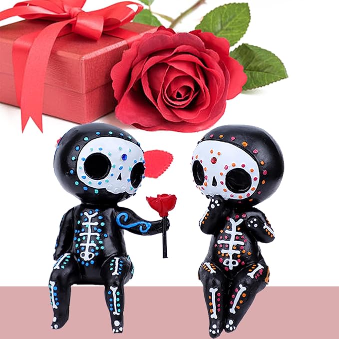 Sugar Skull Couple Figurine Decor, Statue Kit, Resin Crafts Cute Skeleton Memorial Sculpture, Halloween Home Decor Collectible Figurines, Gifts for Women