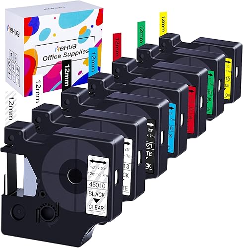 Hehua Cinta de etiquetas de repuesto compatible para Dymo D1 cinta de etiquetas de 0.472 in 45013 45010 45016 45017 45018 45019 45021 para