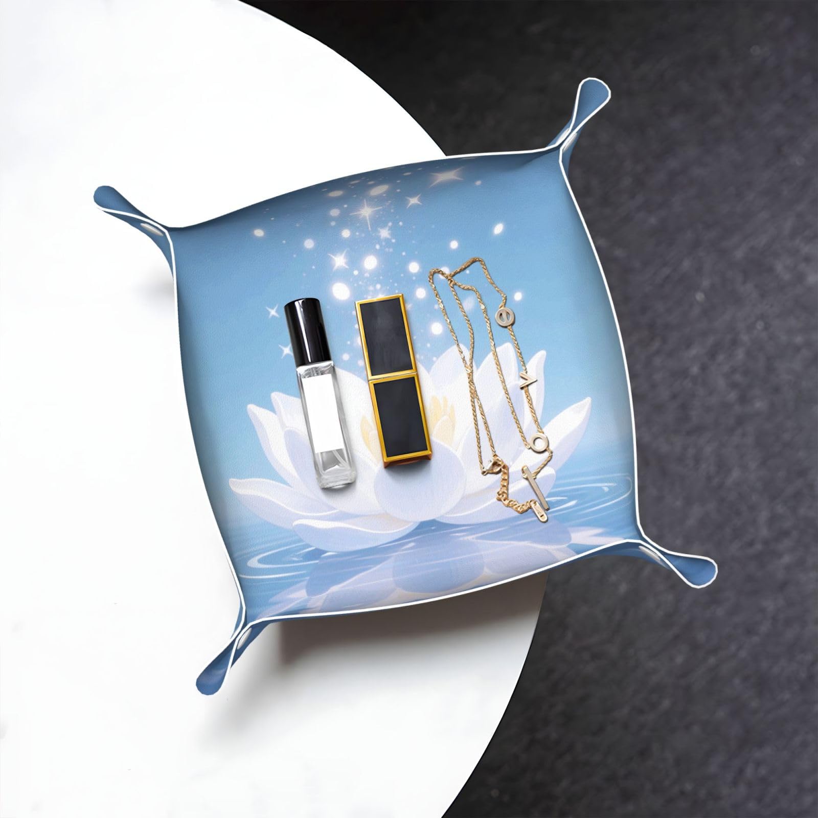 256w Magical Lotus Flower Bloom Valet Tray Organizer Pu Leather Travel Catchall Tray Organizer Portable Jewelry Tray Storage Keys Tray for Entryway Table Coins Watches Candy