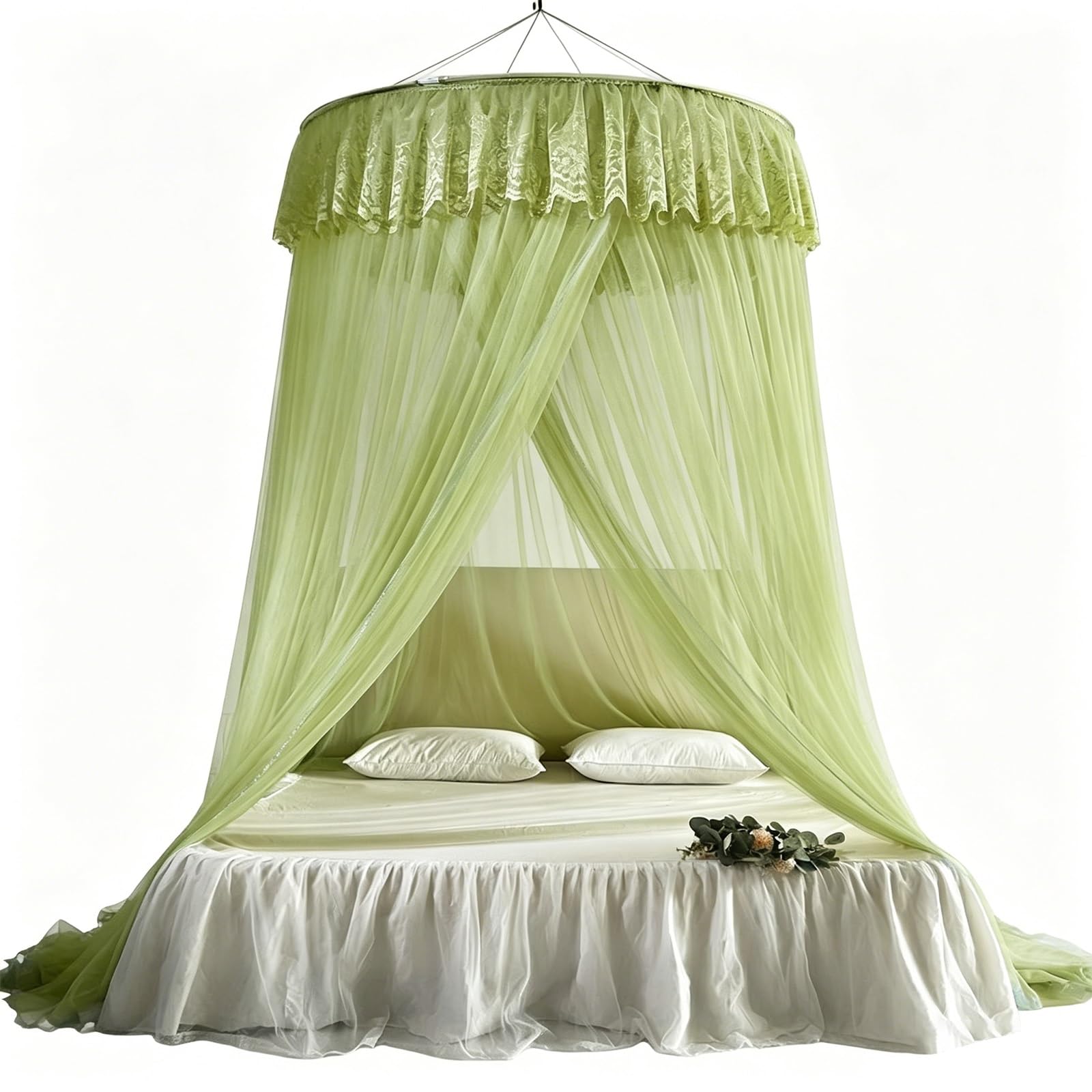 SARKEY Round Dome Canopy Bed Curtain,Floor-standing Mosquito Net,Large Space,Romantic,Unique Play Tent Mesh Canopies Lace Drapes Home,For Adults Bedroom(Green willow)