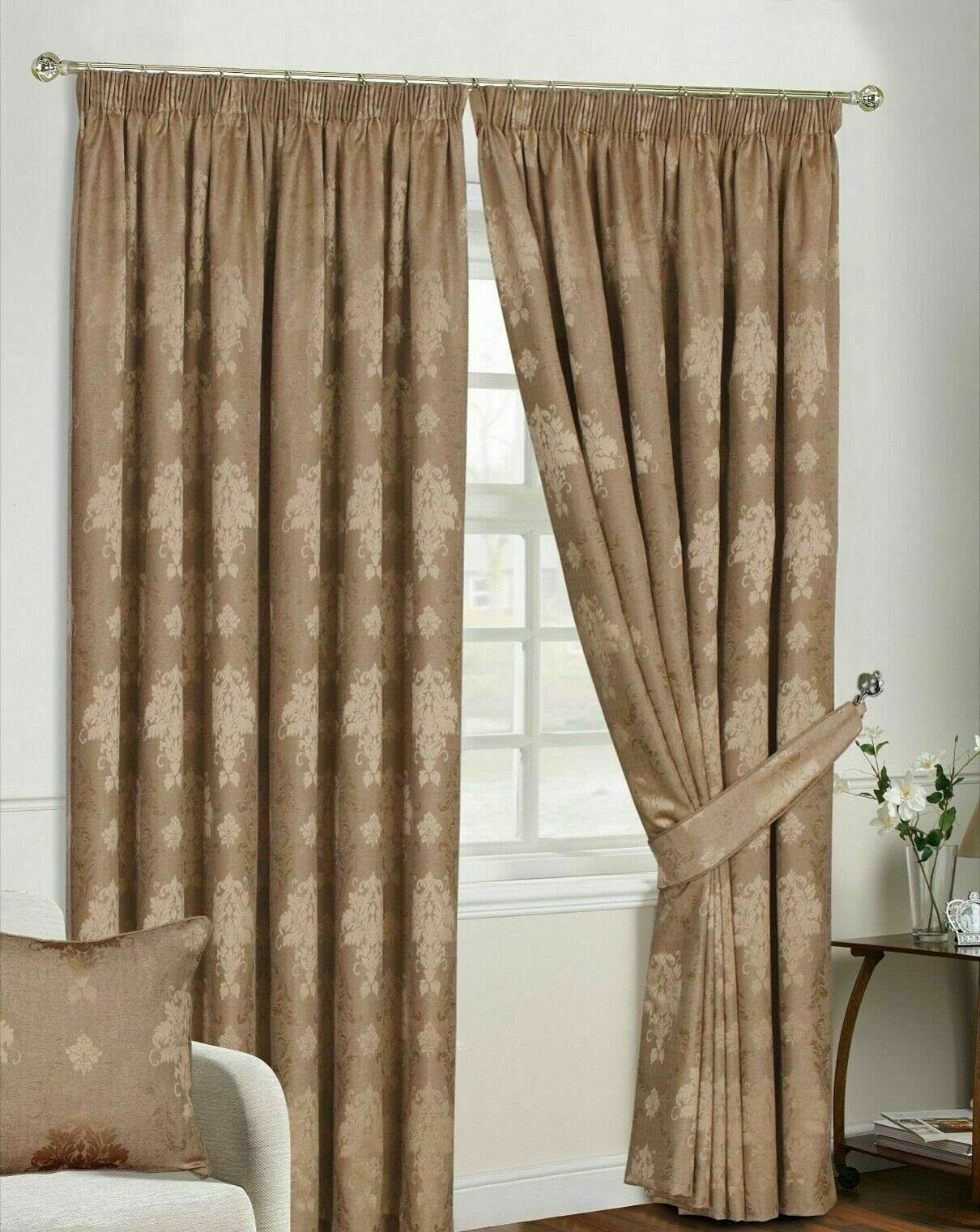 Householdfurnishing Redy Made Luxury Jacquard Fully Lined Curtain Pair Pencil Pleat With Free Tie Backs (Coffee Curtain, 90" x L 108")