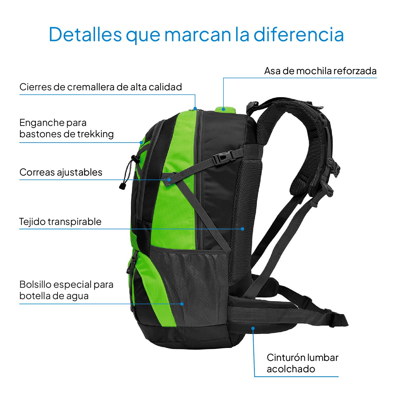 OcioDual Mochila Senderismo 40 Litros, Mochila Trekking, Montaña y Camino de Santiago, Multifuncional, Ligera, Mochilas Hombre para Camping, Acampada, Marcha Nórdica, Supervivencia, Verde