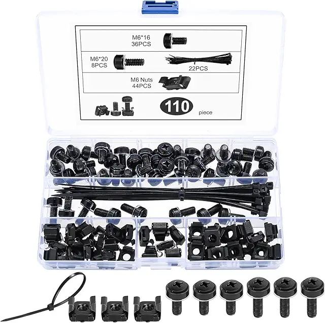 110 Pcs M6 Cage Nuts & Screws Set for Server Racks with Cable Ties
