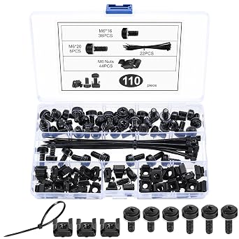 110 Pcs Rack Mount Cage Nuts Set, M6x16/20mm Server Rack Screws and Cage Nuts and Bolts & Washers Set for Audio Server Data Cabinets Console Mounting Routers Shelves, Inclu 22 Cable TiesBlack