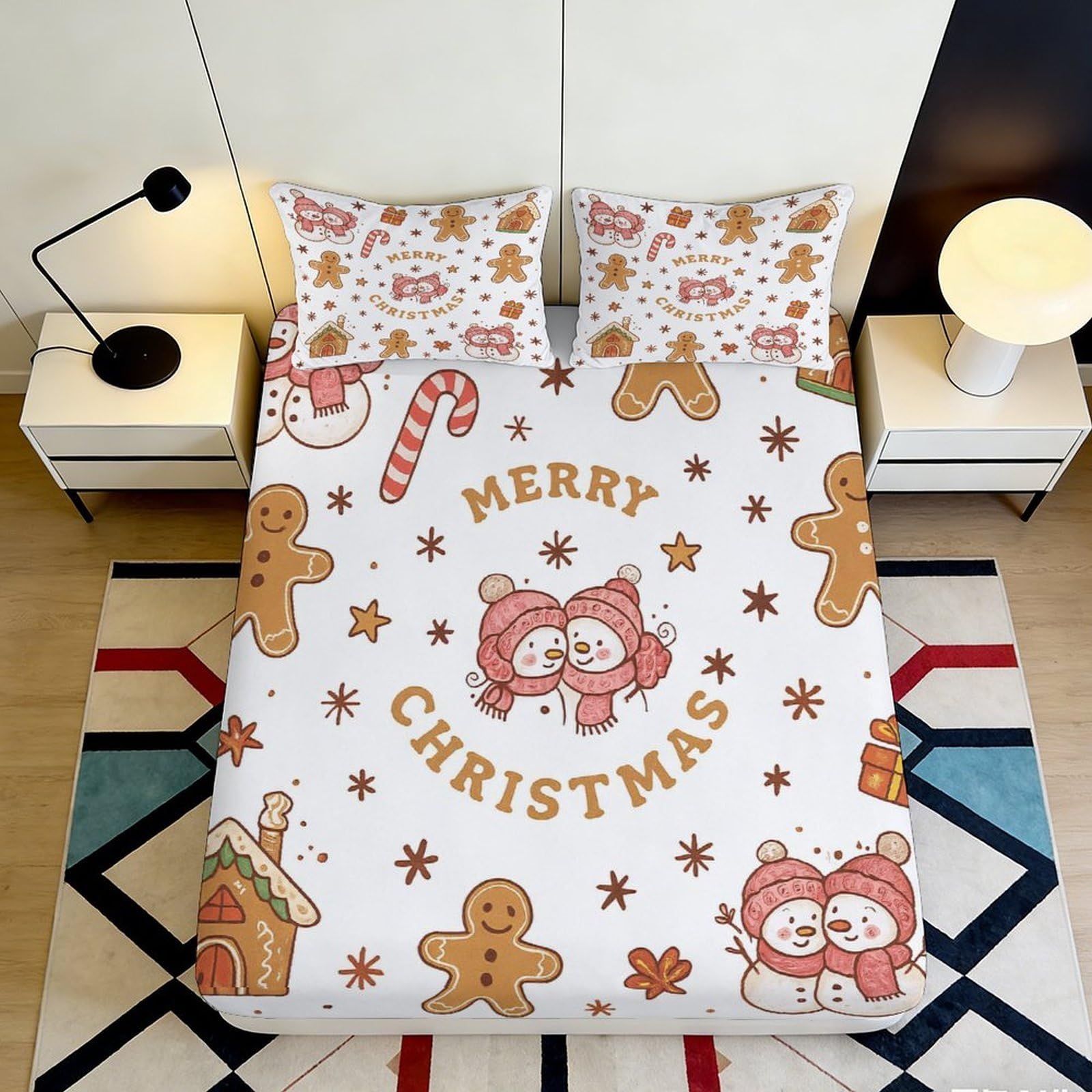 3D Printed Christmas Snowman Fitted Sheet Microfiber Soft Breathable Gingerbread Mattress Cover for Bedroom Guest Room Decor 90x200x25cm