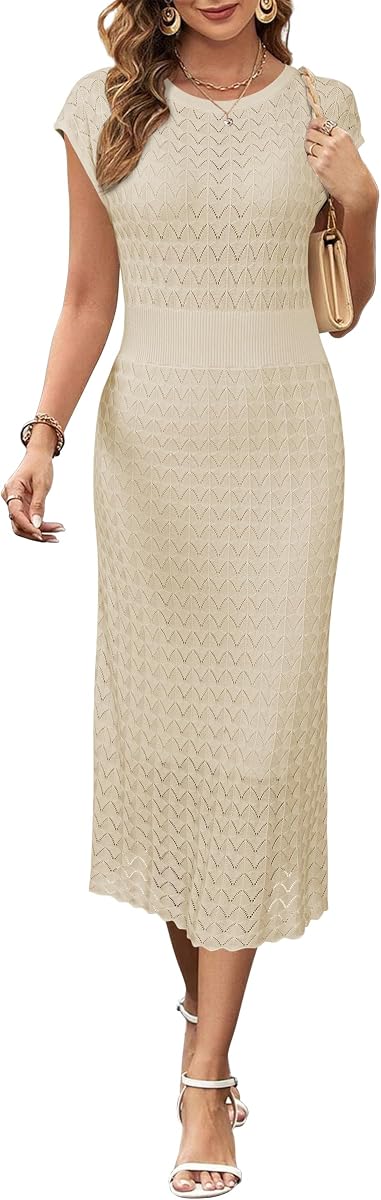 Newshows Women's Hollow Slim Summer Fall Church Work Casual Sweater Dress | Machine Washable Knit Sweater Fabric, Hollow Design, Bell Sleeve, Business Casual, Church Teacher Outfits, Modest Dress