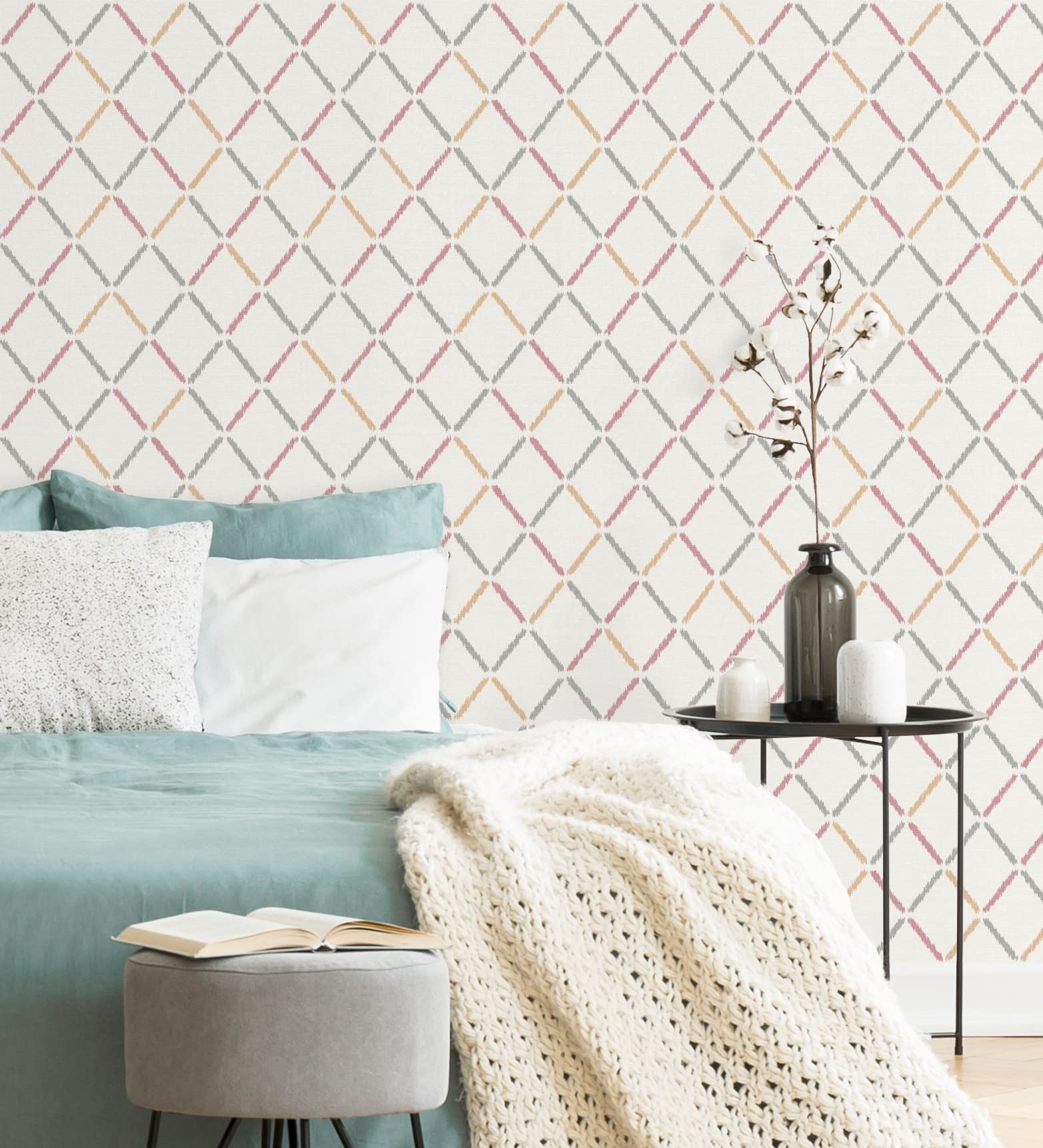 Papier peint losanges modernes GAULAN 679817 vinyle rose gris moutarde 10m