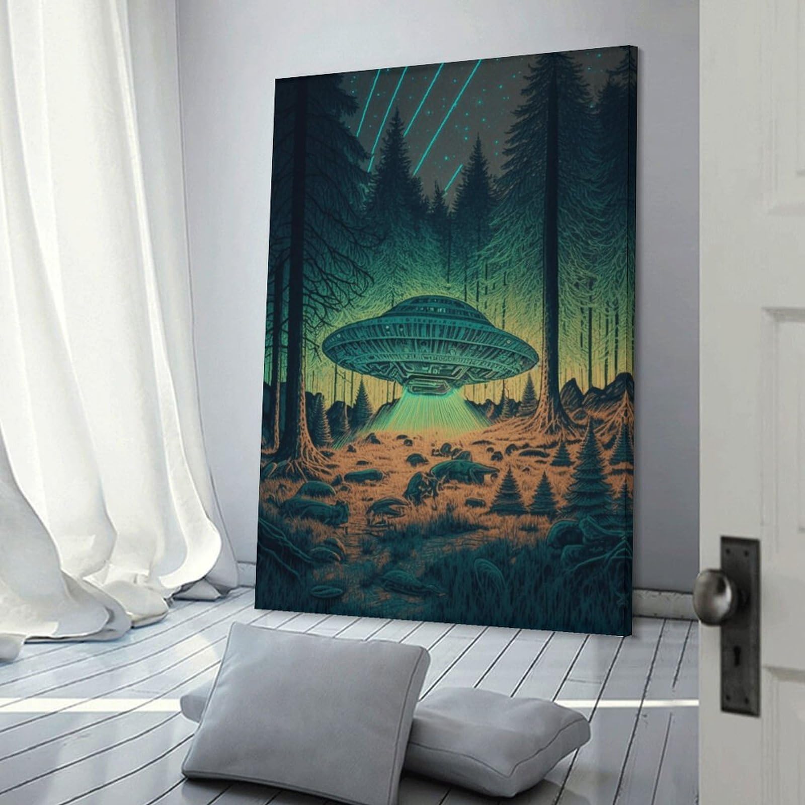 Junmoney Frame-Style-11 Ufo Forest Encounter Wall Picture Print, 20X30inch(50X75cm), For New Homes, Bedrooms Or Workspaces, Thoughtful Wall Decor For Art Lovers
