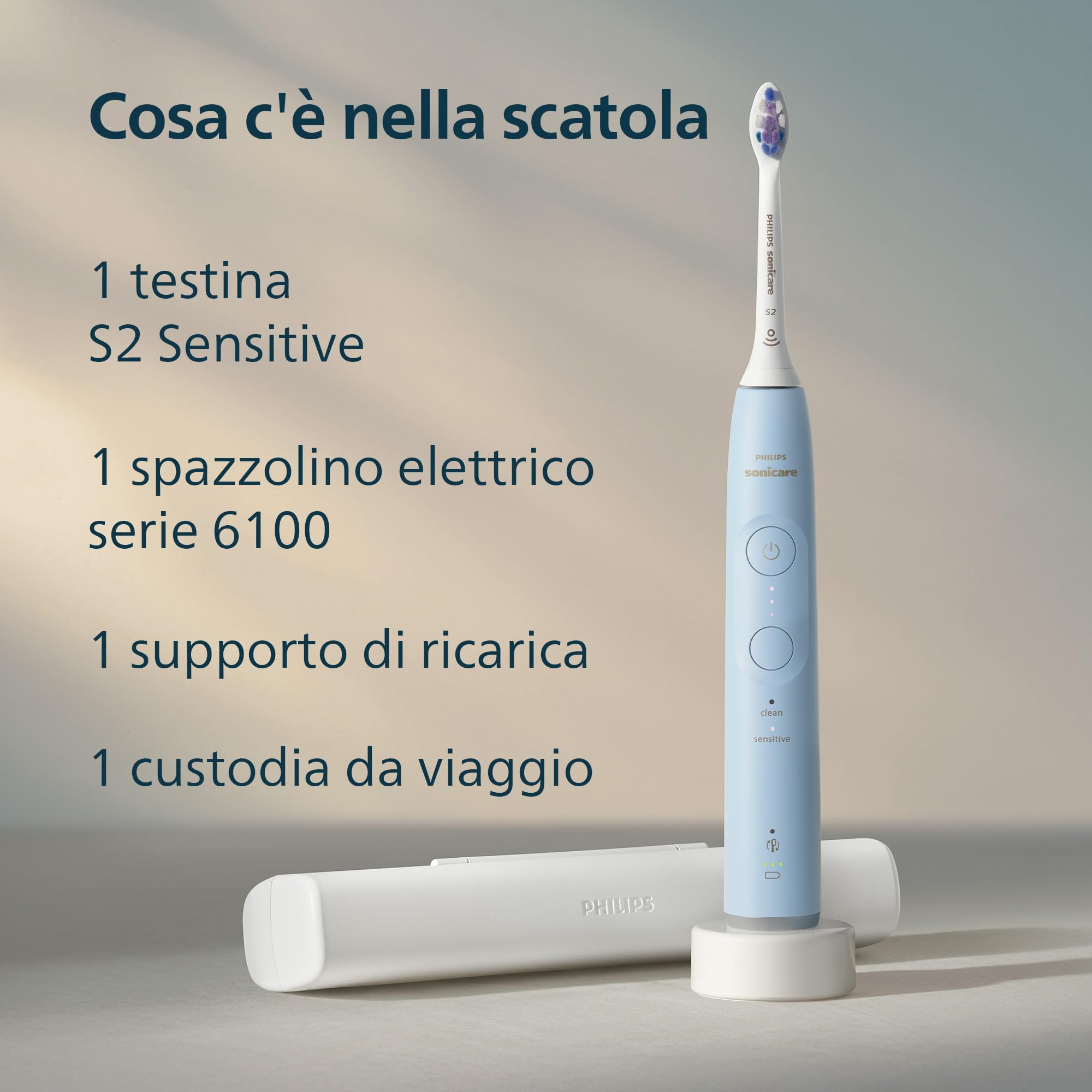 Philips Sonicare 6100, spazzolino elettrico sonico con 2 modalità di spazzolamento e 3 livelli di intensità, avviso di pressione, EasyStart, SmarTimer, azzurro, modello HX7406/02 [Nuova tecnologia]