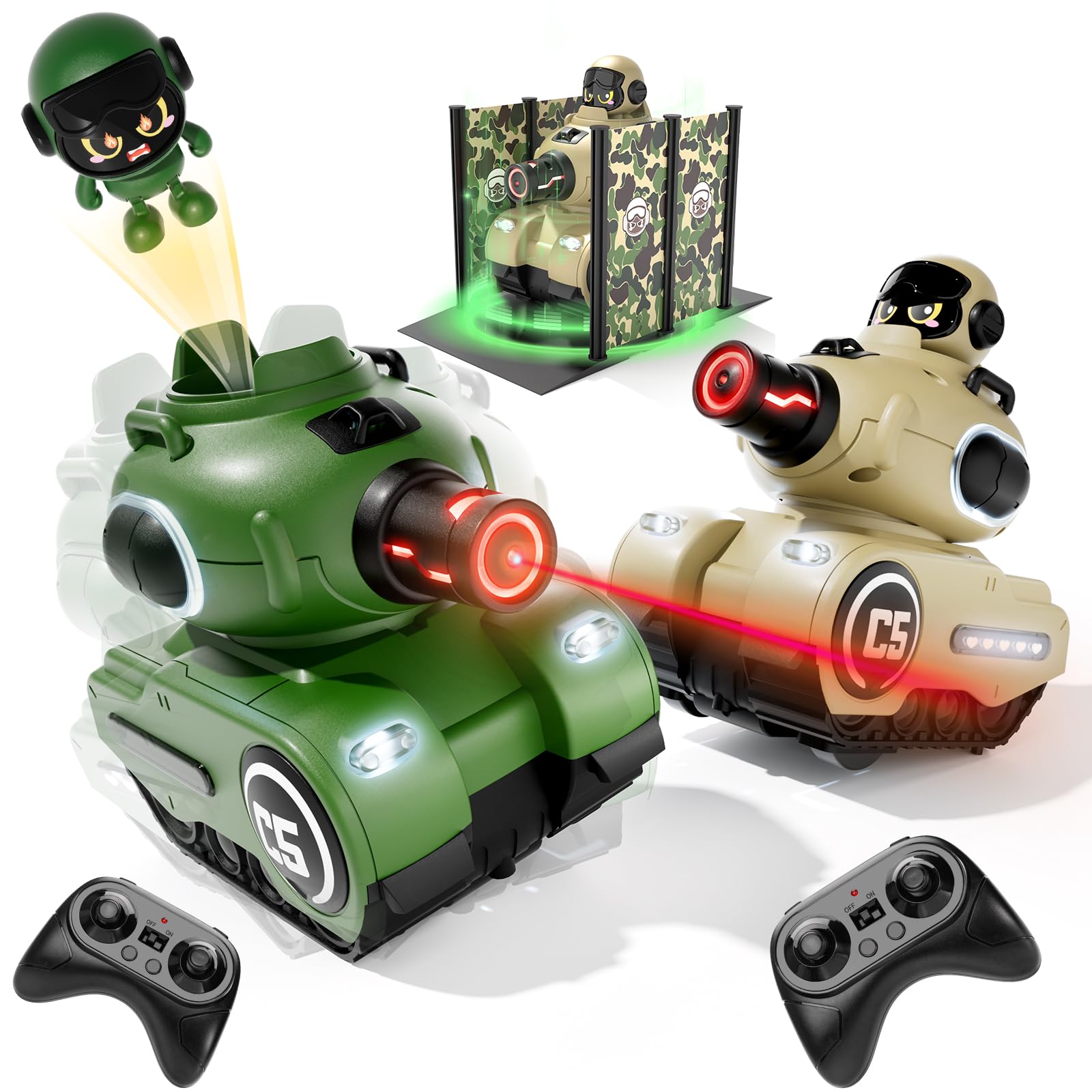 2 Pack Cute Cartoon Remote Control Battle Tanks with Laser tag|Hobby RC Cars Shoot to Ejected Out|Military Army Toys for 6 7 8 Year Old Boys Girls | Christmas Birthday Gifts for Toddler