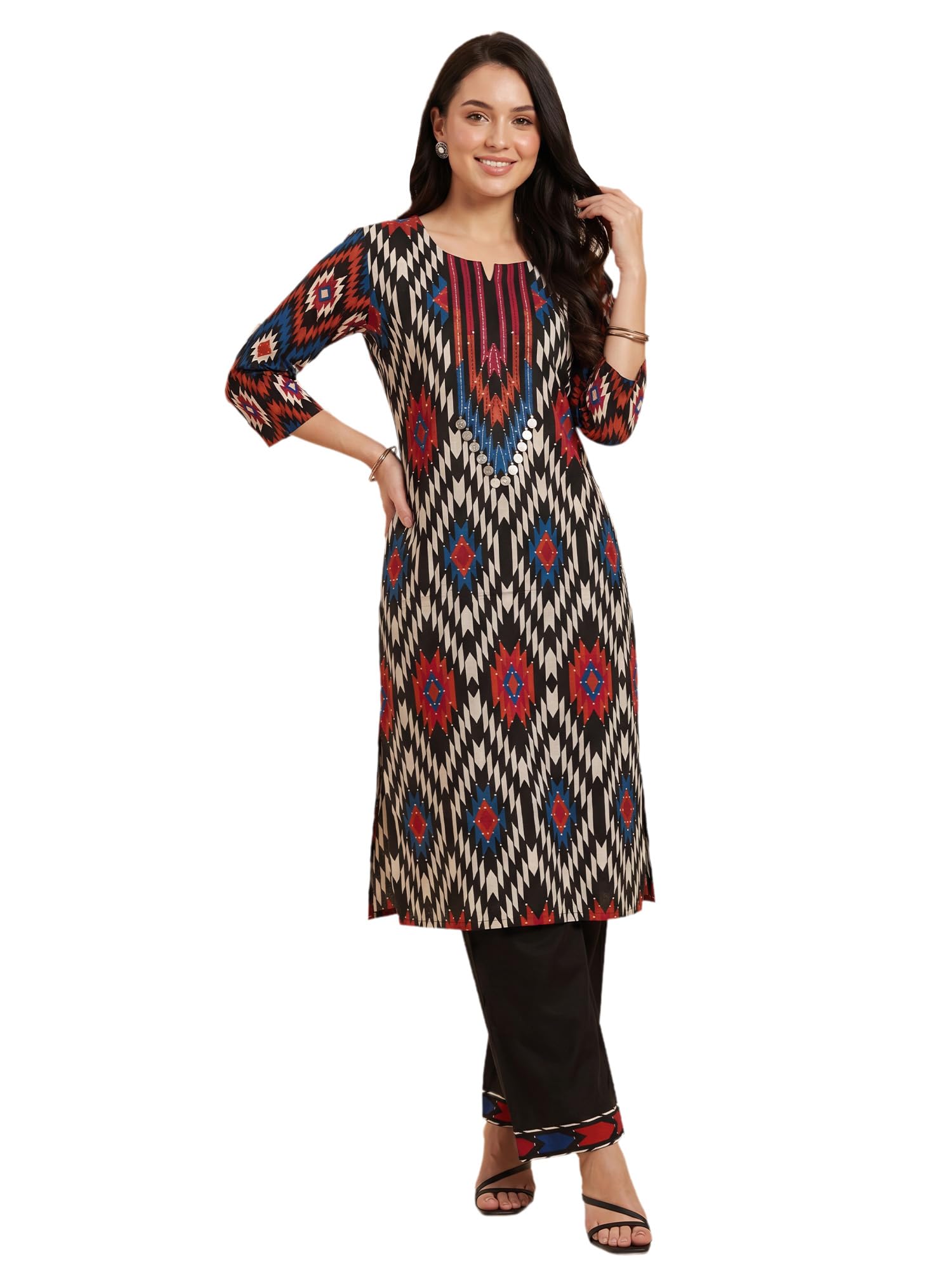 The Souled Store Women's Pure Cotton Abstract Printed Thread Work Kurta & Pant Set | Co Ord Set For Women Stylish in multi