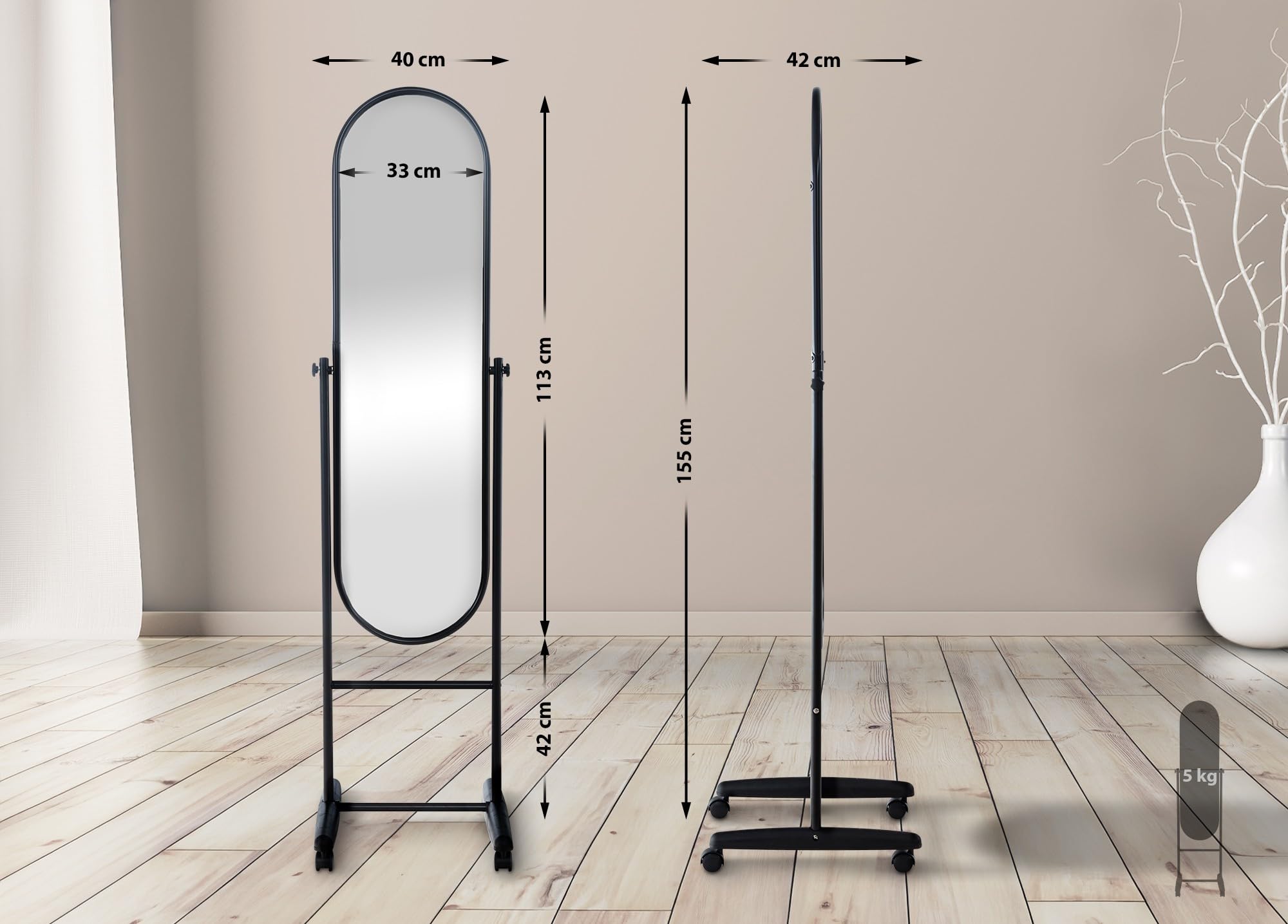 CLP Standspiegel Nane Oval I Stehspiegel 155x40 cm I Für Wohnzimmer Oder Schlafzimmer I Neigbar, 360° Drehbar I Ganzkörperspiegel Mit Rollen, Farbe:schwarz