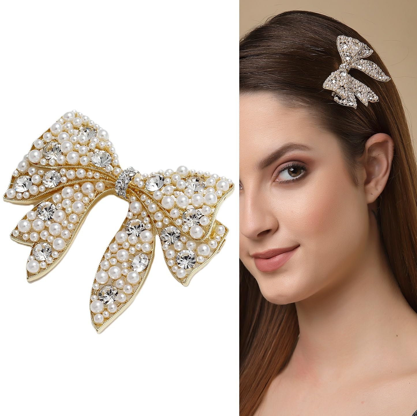 PANASH Gold Plated Pearl Embellished Bowknot Hair Clip with CZ Stones - Premium Metal French Barrette for Festival, Wedding, and Special Occasions - Elegant Hair Accessory for Women (B0D66W59T7) Amazon Price History, Amazon Price Tracker