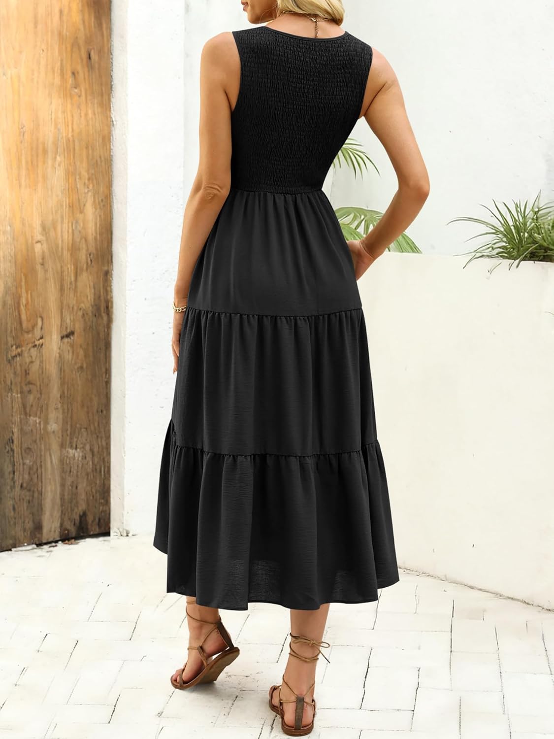 ANRABESS Women's Summer Casual Maxi Dress Sleeveless Crewneck Smocked 2026 Flowy Plaid Tiered Boho A Line Beach Long Sundress - Image 4