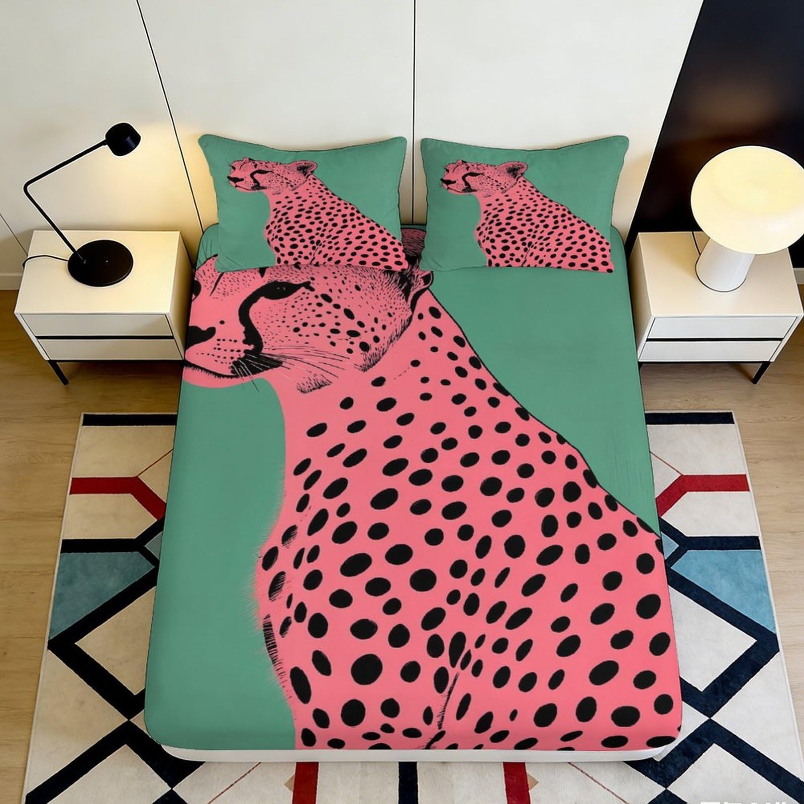 3D Printed Pink Cheetah Fitted Sheet Microfiber Soft Animal Green Mattress Cover for Bedroom Guest Room Decor 200x200x25cm