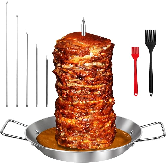 Al Pastor Skewer for Grill, 10 Inch Brazilian Spit Stand with 5 Spikes & 2 Brushes, Stainless Steel Vertical Sticks, Gyro Pan with Fat Separator for Tacos Al Pastor, Shawarma, Chicken on Smoker Oven