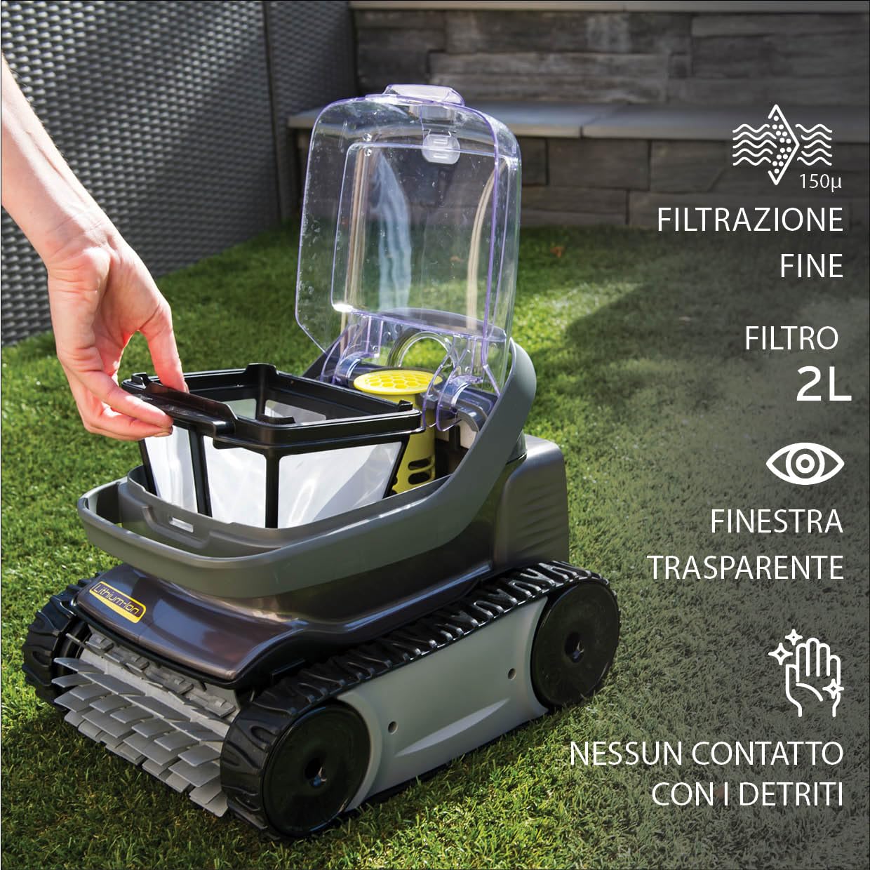 ZODIAC Pixel OP 32 robot elettrico senza fili, pulisce il fondo e le parenti, per piscine fino a 8x4m. Batteria al litio, filtrazione fine, spazzolatura, finestra transparente