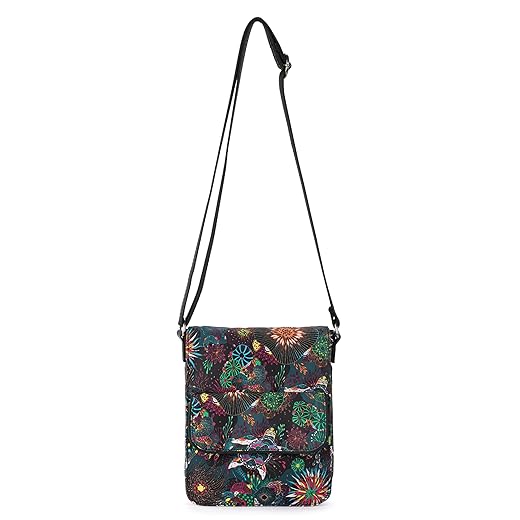 Sakroots On The Go Small Flap Messenger in Eco Twill, Adjustable Crossbody Strap, Rainbow Seascape