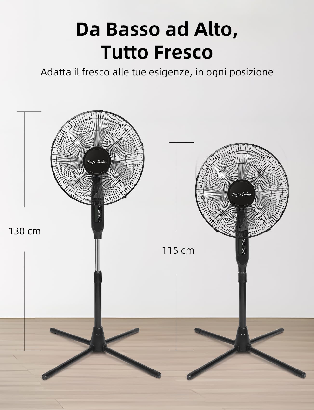 Taylor Swoden Ventilatore a Piantana con Telecomando, Potente Silenzioso, 7 Pale, Timer 9H, 3 Velocità & 3 Modalità (Normale/Naturale/Sleep), Oscillazione 70°, Altezza Regolabile, 50W, Nero