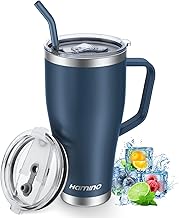 Hamino 30 oz Tumbler with Handle, Double Wall Vacuum Insulated Tumblers with Spillproof 2 Lids Straw—Keep Drinks Cold 24h—Stainless Steel Travel Coffee Mug for Hot Iced Coffee Cola Tea Beer(Navy Blue)