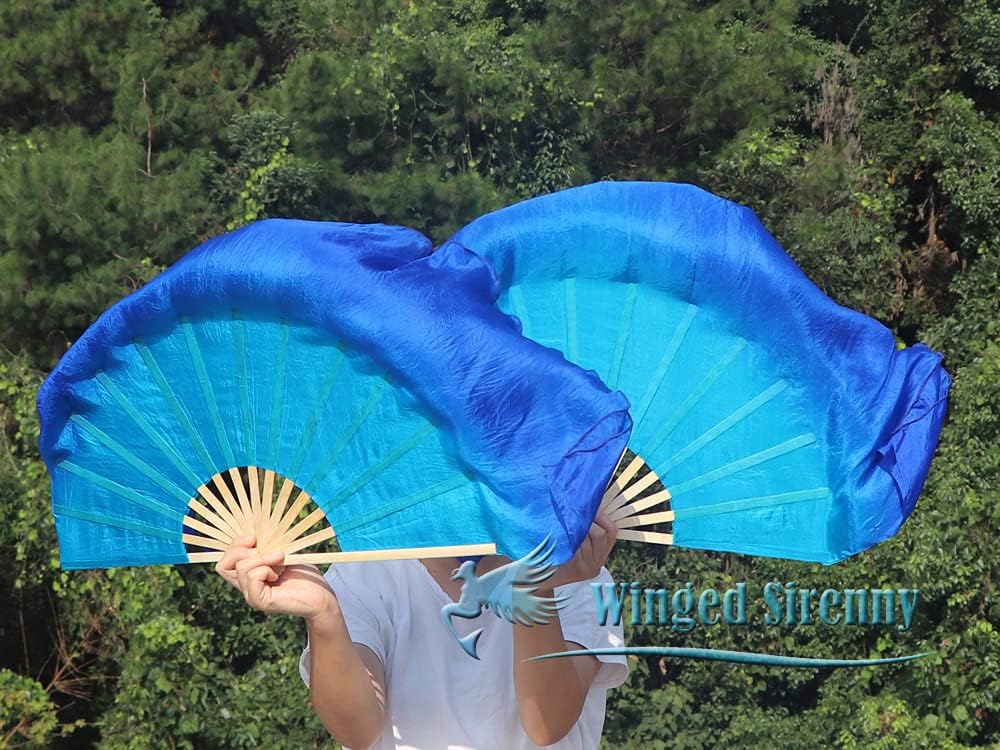 Winged Sirenny Chinese Folk Dance Silk Folding Flutter Fan, Hand Painted 8" Silk Decoration Hand Fan, Set of 2 (Turquoise-Blue)