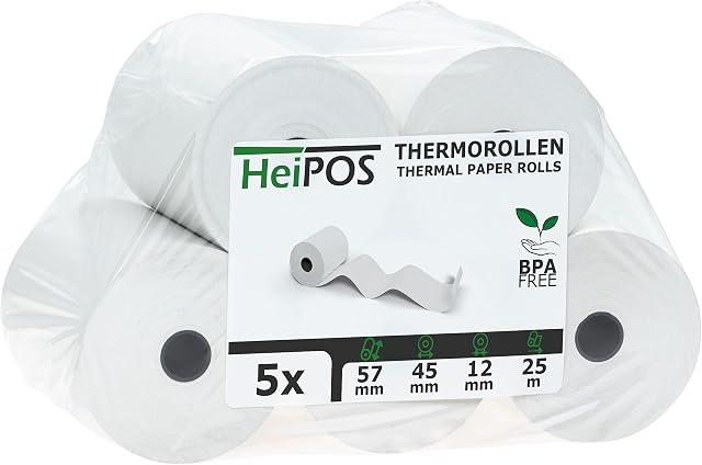 HeiGroup - HeiPOS 5x rolki termiczne BPA free (W/Ø) 57mm / 45mm - długość 25m, Ø rdzenia 12mm, gramatura 52 g/m2, grubość 60 µm, 10 lat trwałości