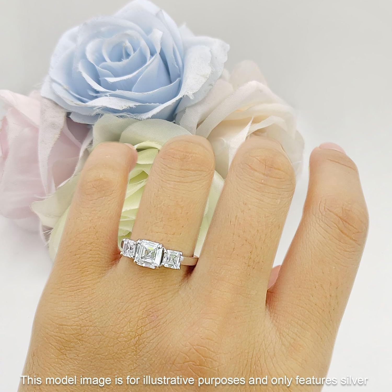 OMRANII Three Stone Asscher Cut Vintage Style Wedding Engagement Ring Cubic Zirconia Solid 925 Sterling Silver Ring